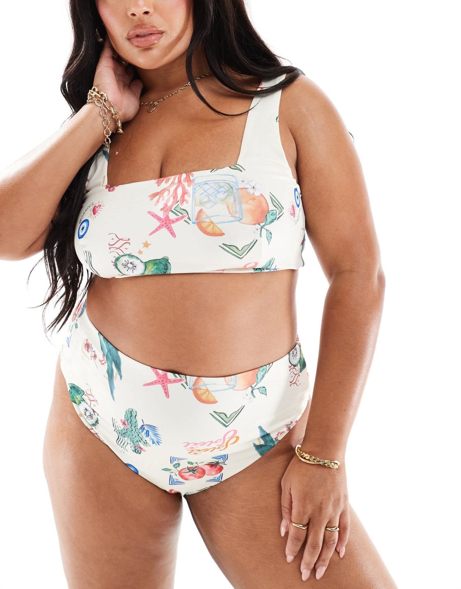 ASOS DESIGN Curve high leg high waist bikini bottom in postcard print - ASOS Sample Sale