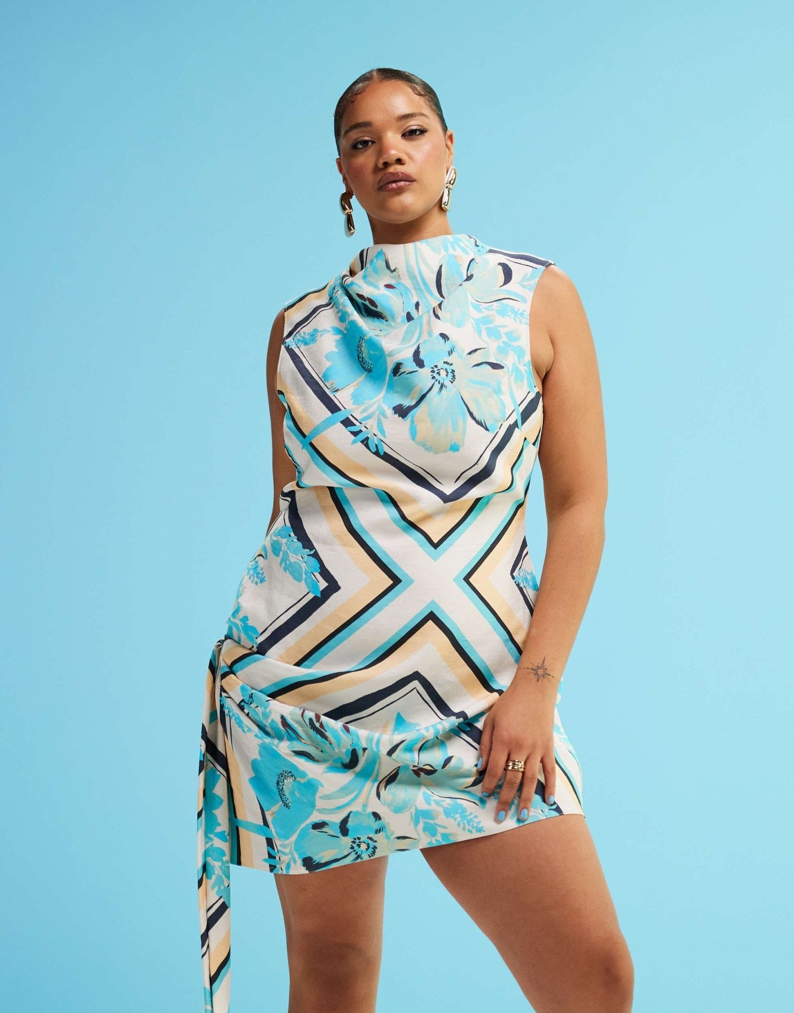 ASOS DESIGN Curve high neck drape detail mini dress in scarf print - ASOS Sample Sale