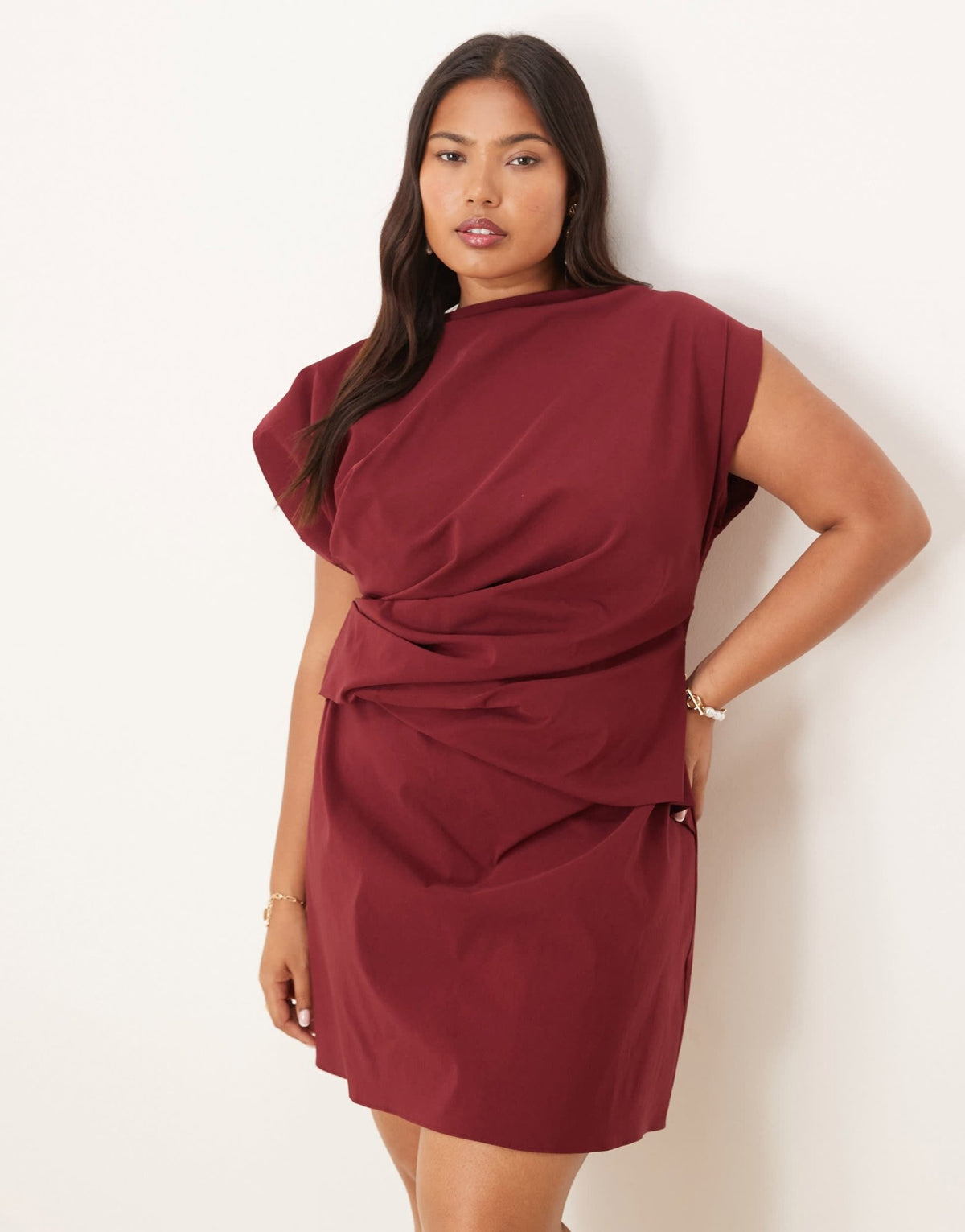 ASOS DESIGN Curve high neck pleated bengaline mini dress in Burgundy - ASOS Sample Sale