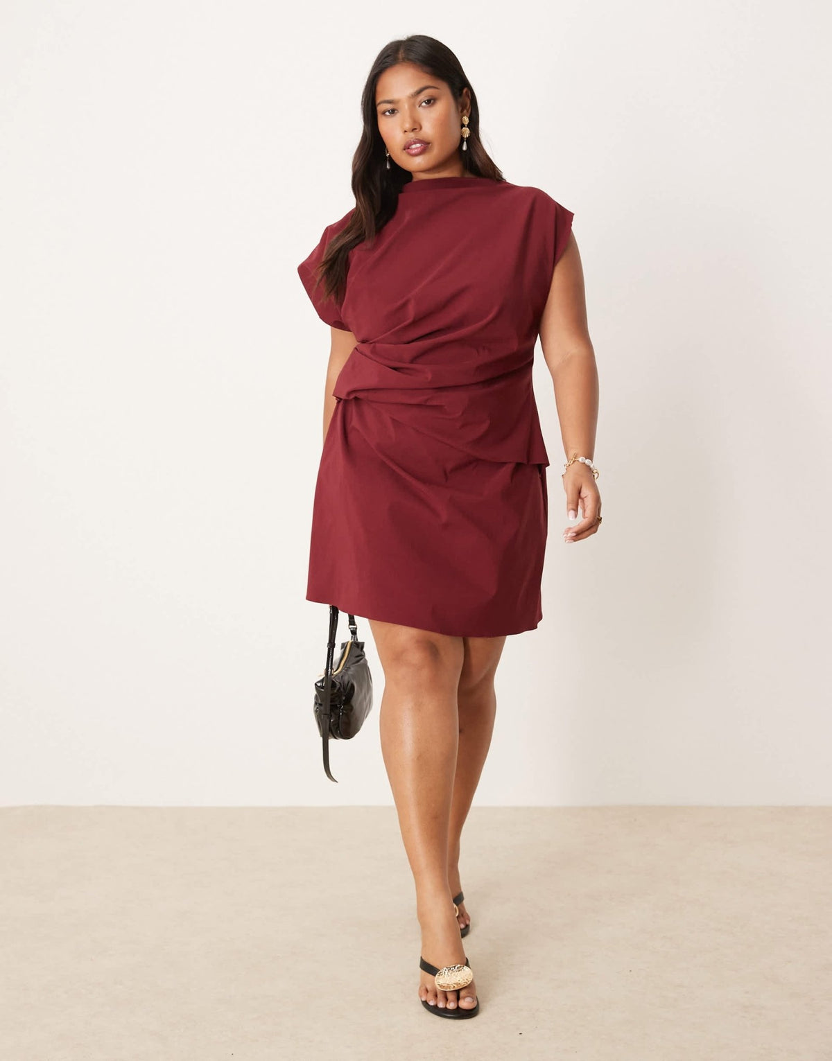 ASOS DESIGN Curve high neck pleated bengaline mini dress in Burgundy - ASOS Sample Sale