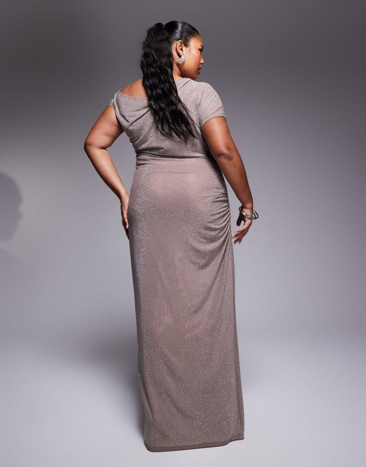 ASOS DESIGN Curve iridescent hotfix ruched off shoulder maxi dress in silver - ASOS Sample Sale