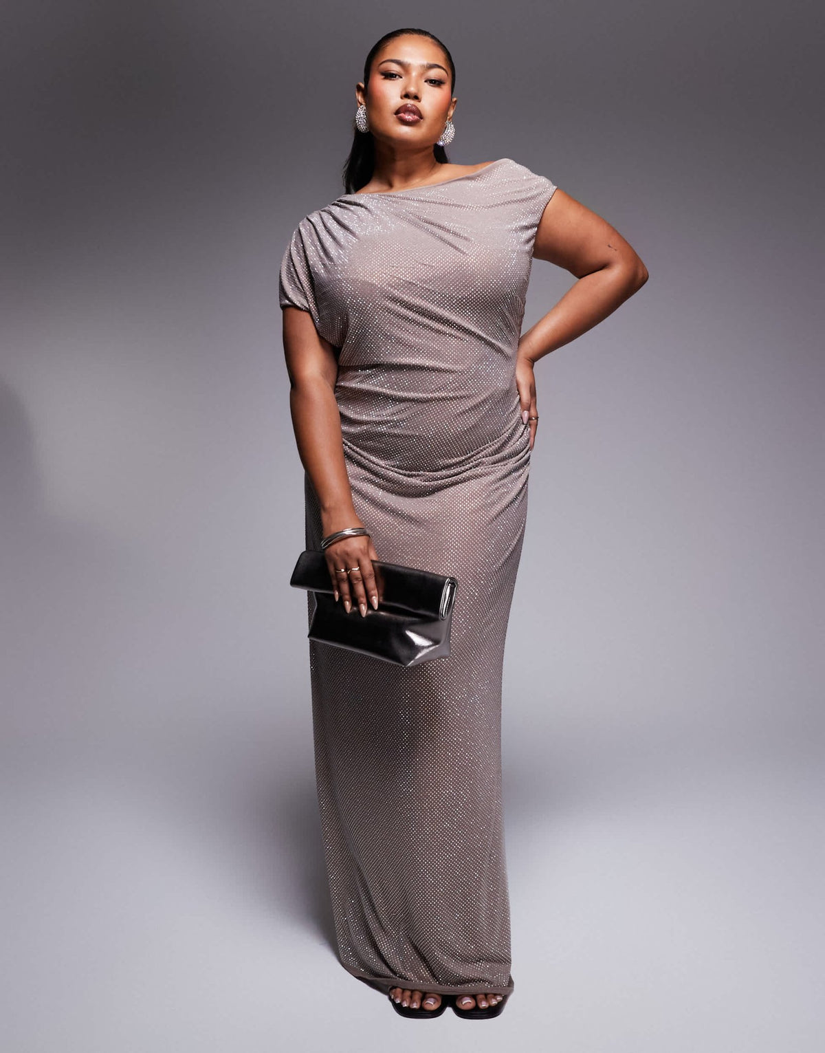 ASOS DESIGN Curve iridescent hotfix ruched off shoulder maxi dress in silver - ASOS Sample Sale