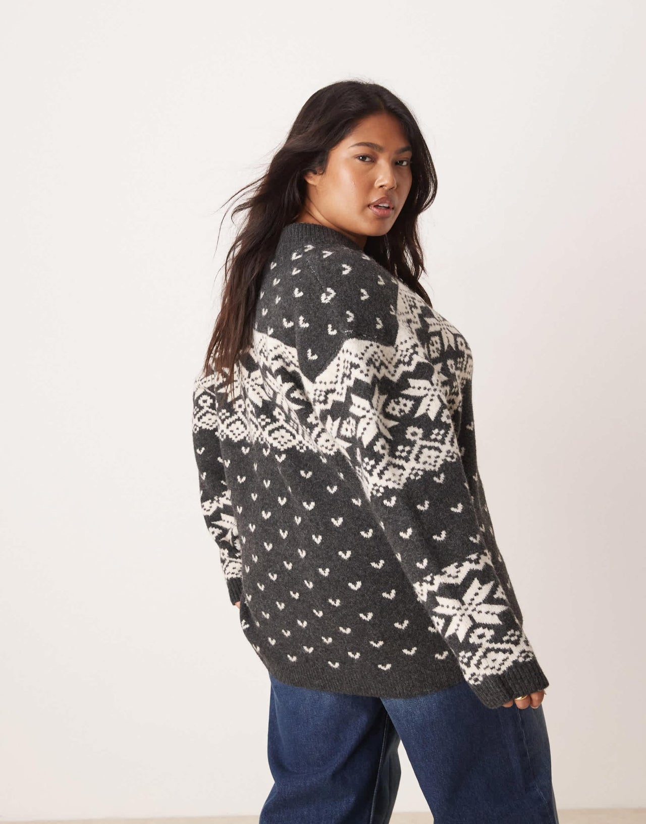 ASOS DESIGN Curve knitted collar zip through cardigan with fairisle pattern in charcoal and cream - ASOS Sample Sale