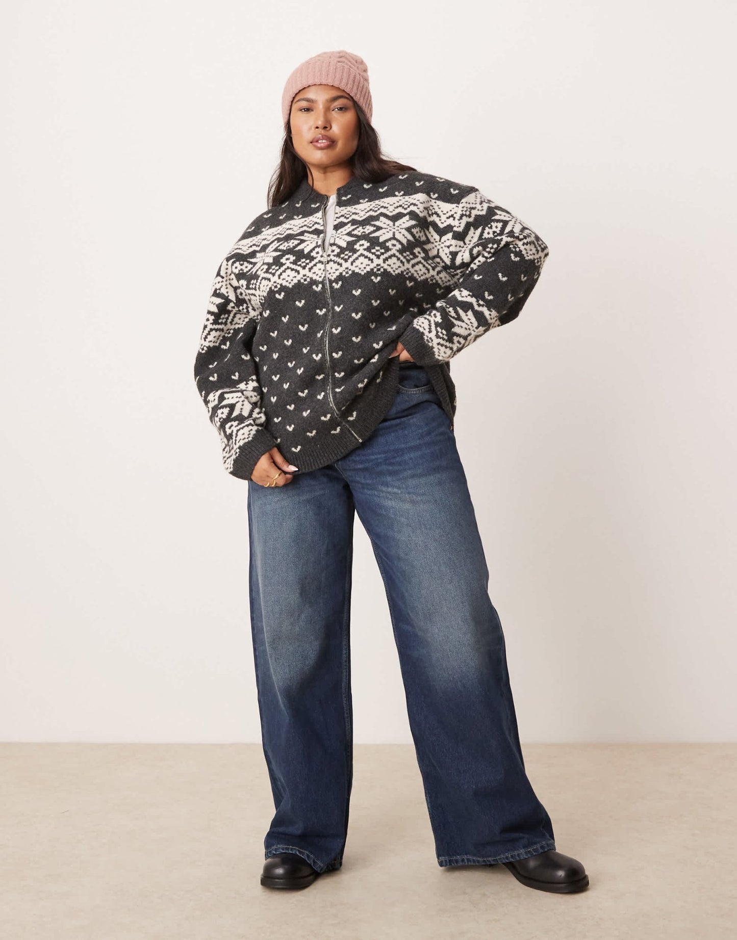 ASOS DESIGN Curve knitted collar zip through cardigan with fairisle pattern in charcoal and cream - ASOS Sample Sale