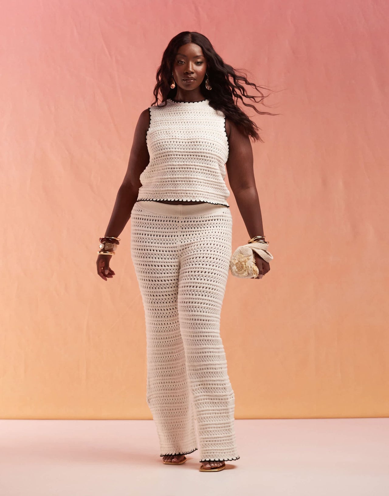 ASOS DESIGN Curve knitted flare in open stitch with tipping co - ord in cream - ASOS Sample Sale