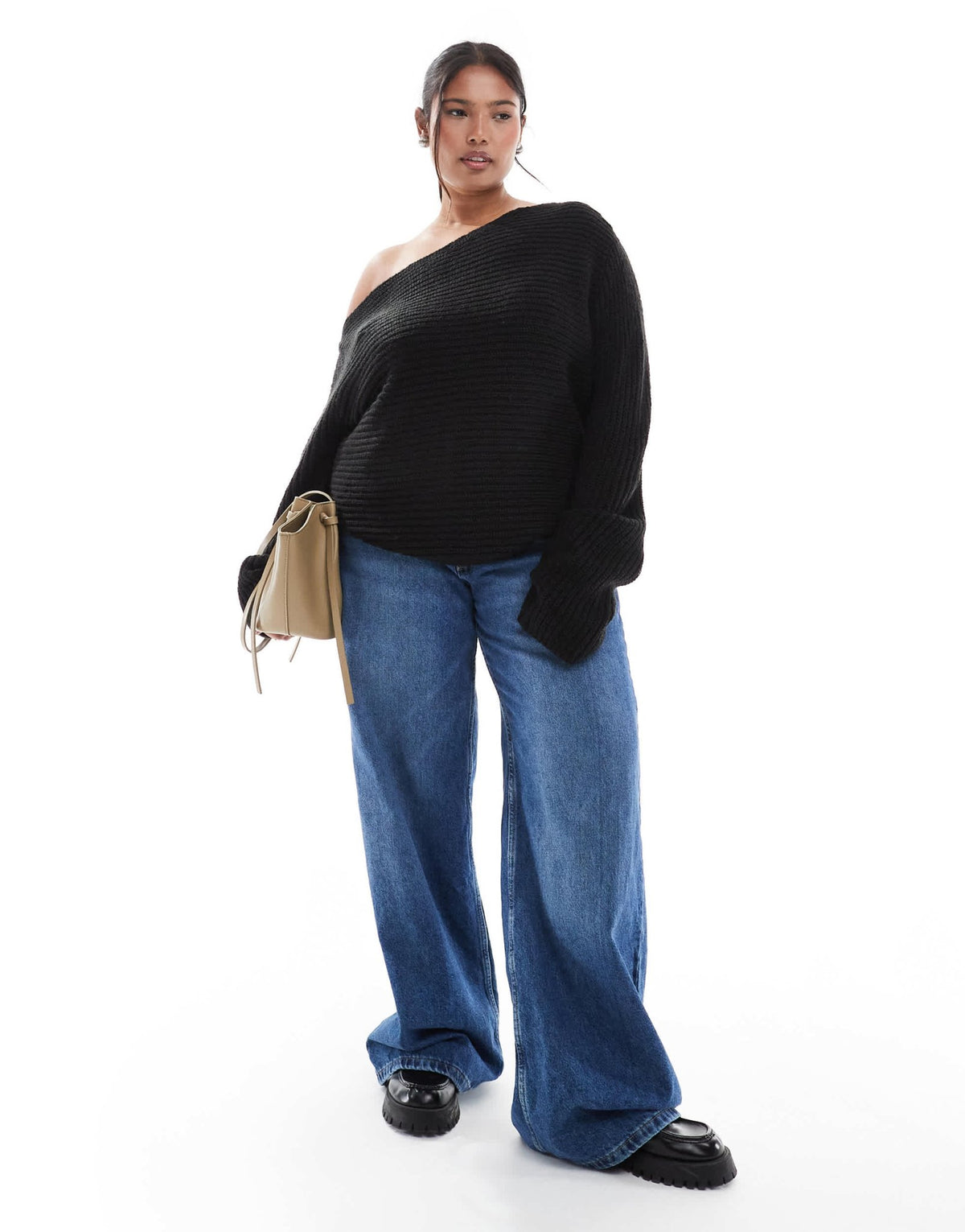 ASOS DESIGN Curve knitted off the shoulder slouchy jumper in black - ASOS Sample Sale