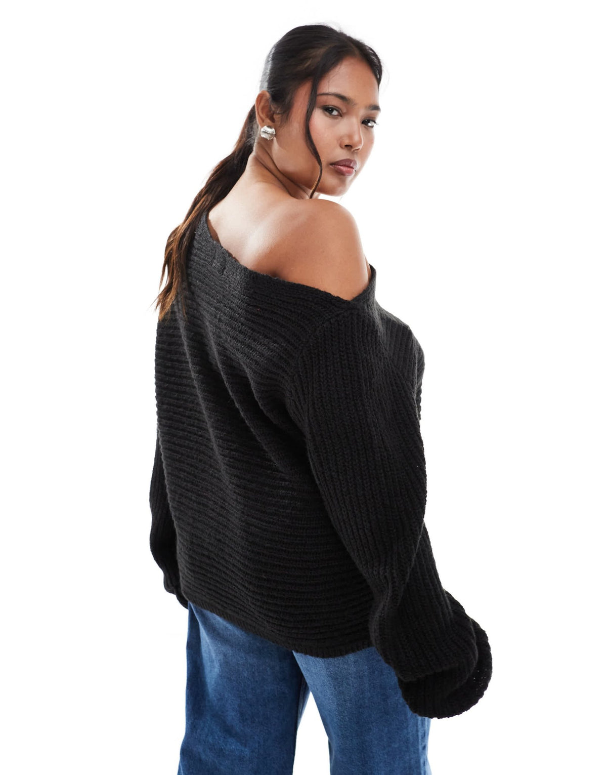 ASOS DESIGN Curve knitted off the shoulder slouchy jumper in black - ASOS Sample Sale