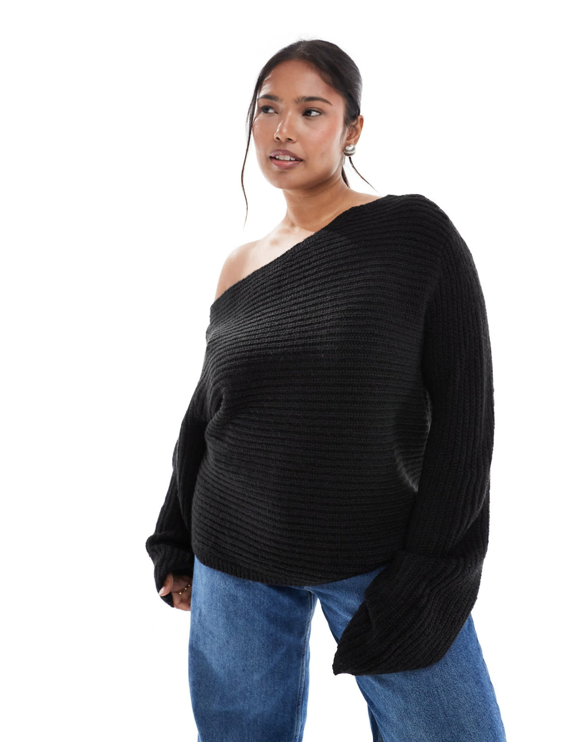 ASOS DESIGN Curve knitted off the shoulder slouchy jumper in black - ASOS Sample Sale