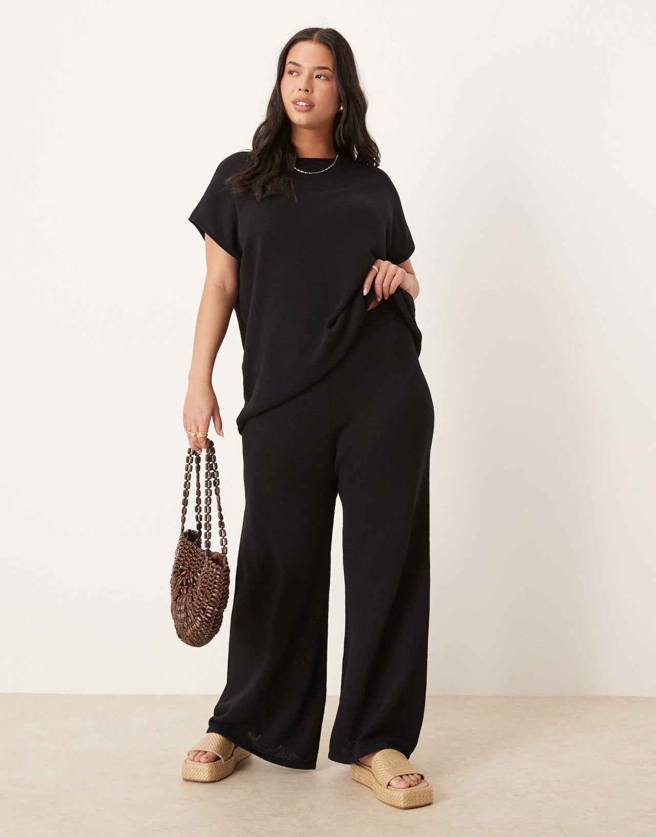 ASOS DESIGN Curve knitted slub trouser co-ord in black - ASOS Sample Sale