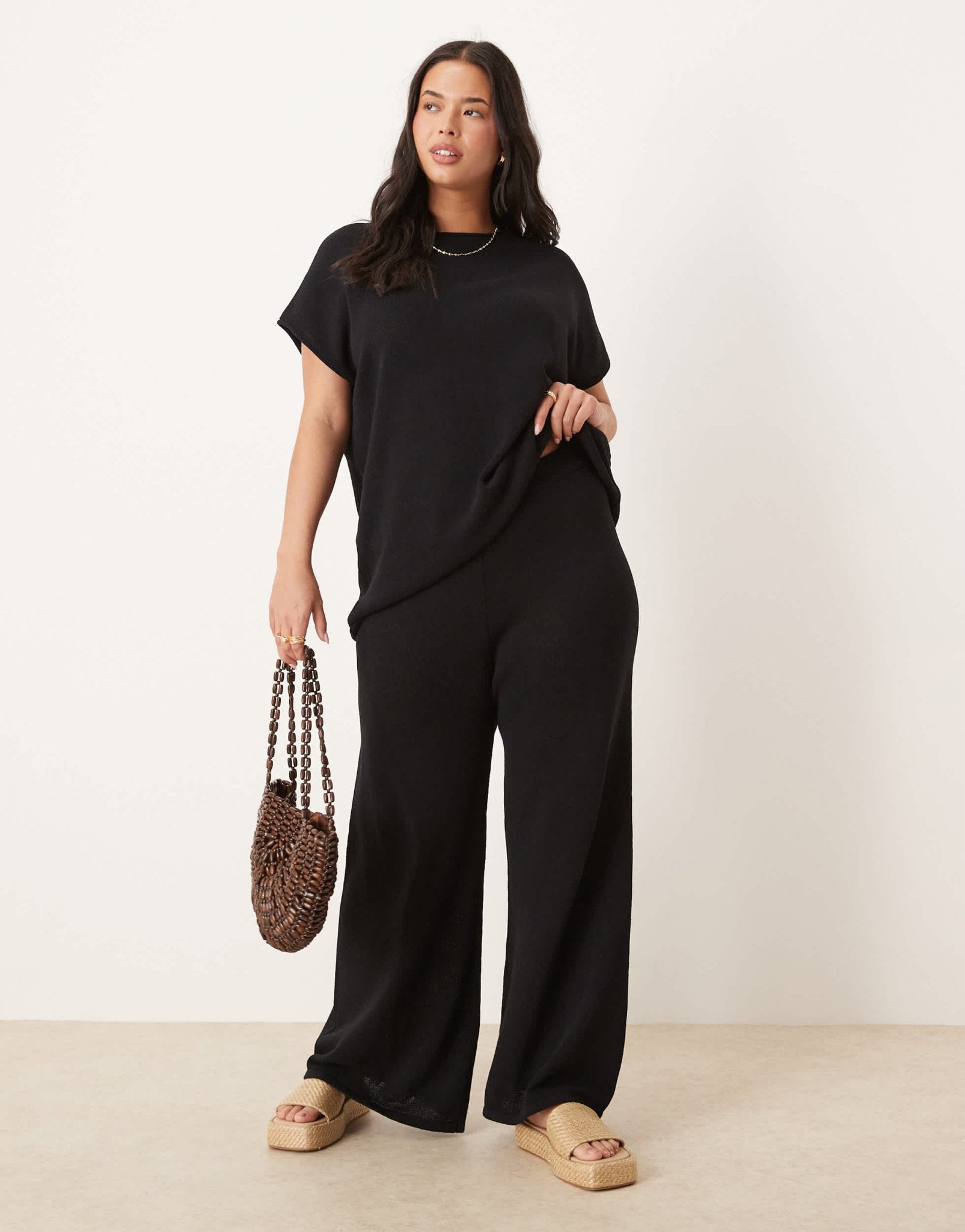 ASOS DESIGN Curve knitted slub trouser co-ord in black - ASOS Sample Sale