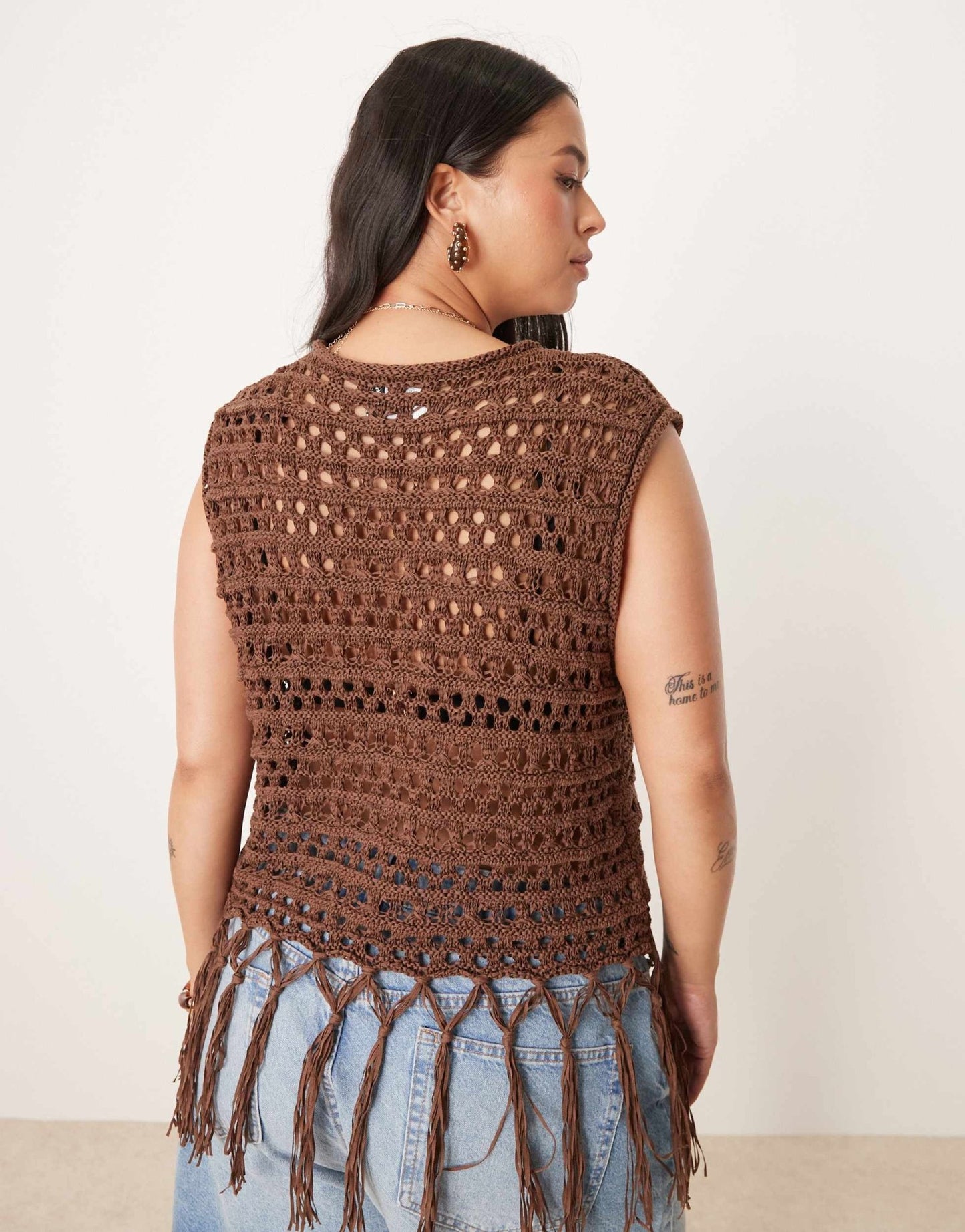 ASOS DESIGN Curve knitted stitch tank with fringe detail in chocolate - ASOS Sample Sale