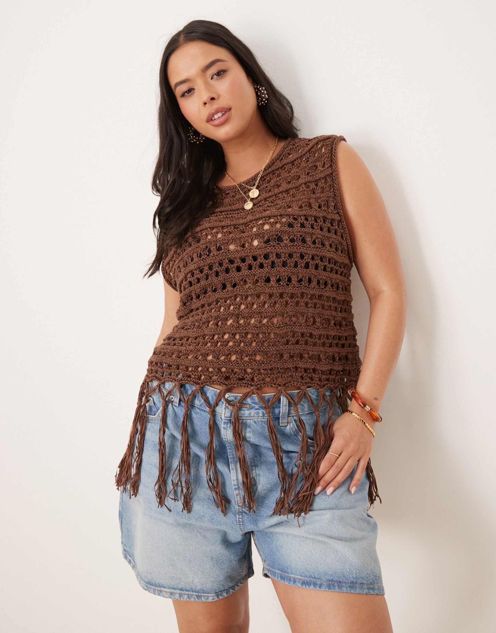 ASOS DESIGN Curve knitted stitch tank with fringe detail in chocolate - ASOS Sample Sale