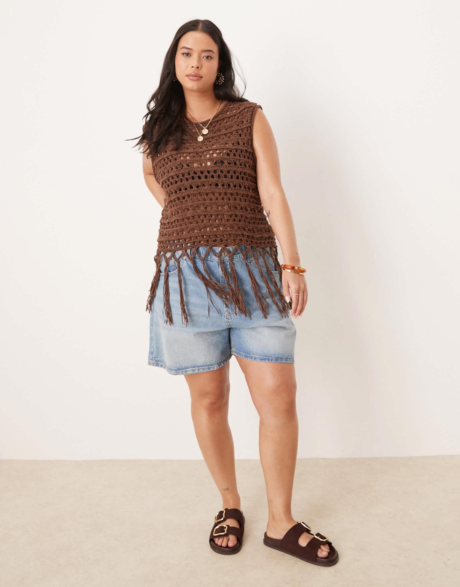 ASOS DESIGN Curve knitted stitch tank with fringe detail in chocolate - ASOS Sample Sale