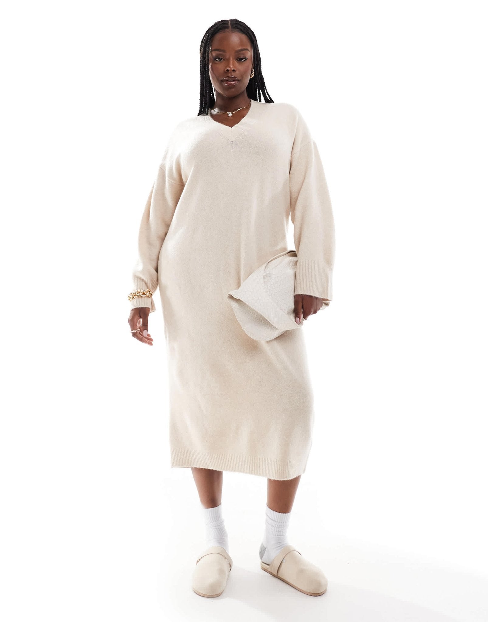 ASOS DESIGN Curve knitted v neck midaxi dress in oatmeal - ASOS Sample Sale