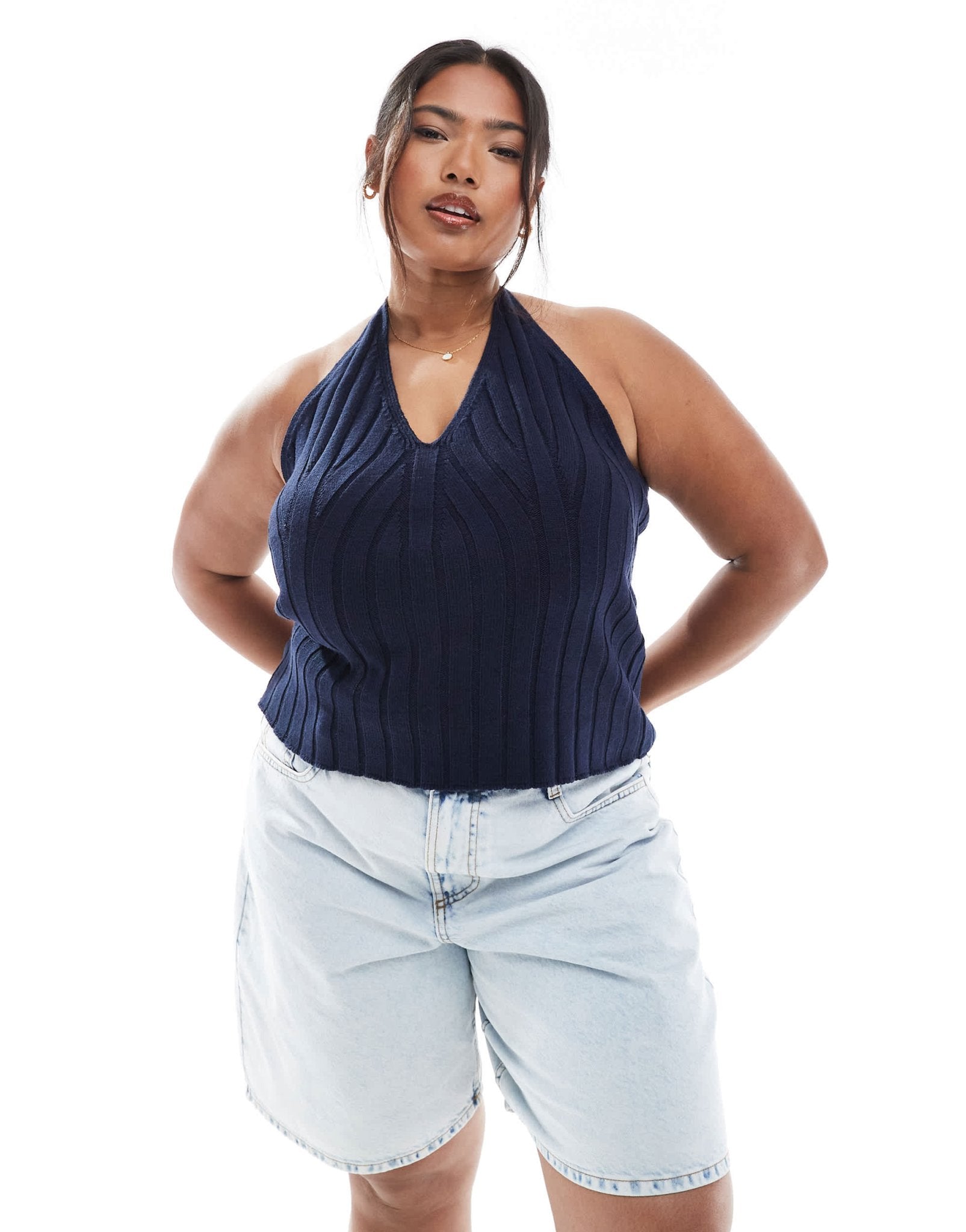 ASOS DESIGN Curve knitted wide rib halter top in navy - ASOS Sample Sale