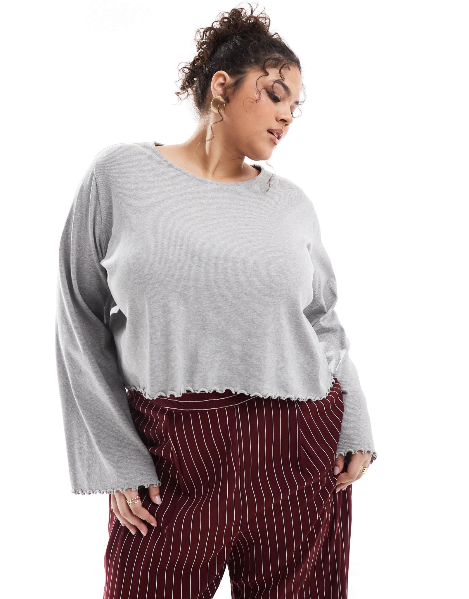 ASOS DESIGN Curve lettuce hem long sleeve t-shirt in grey marl - ASOS Sample Sale