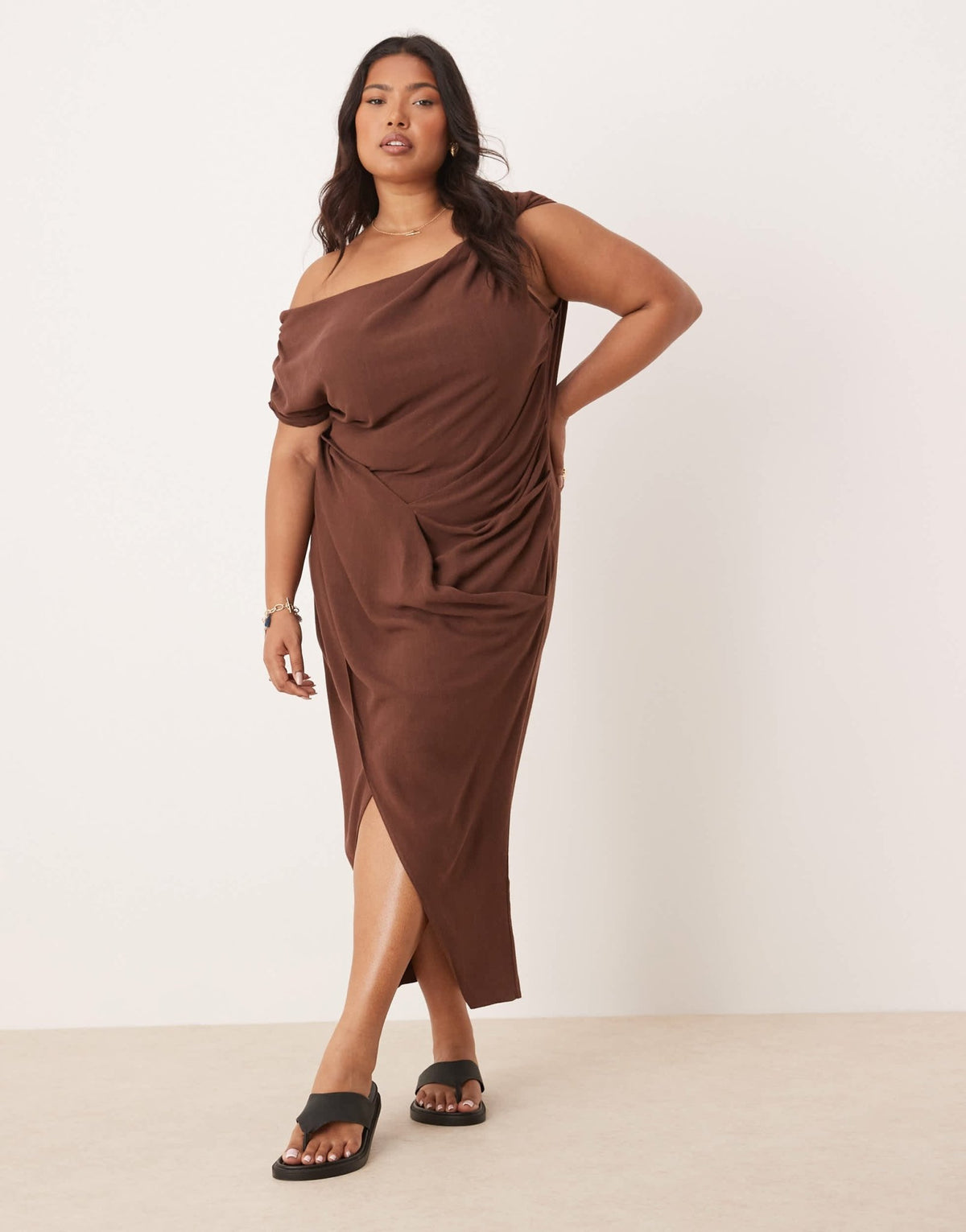 ASOS DESIGN Curve linen fallen twist shoulder wrap skirt detail midi dress in chocolate brown - ASOS Sample Sale