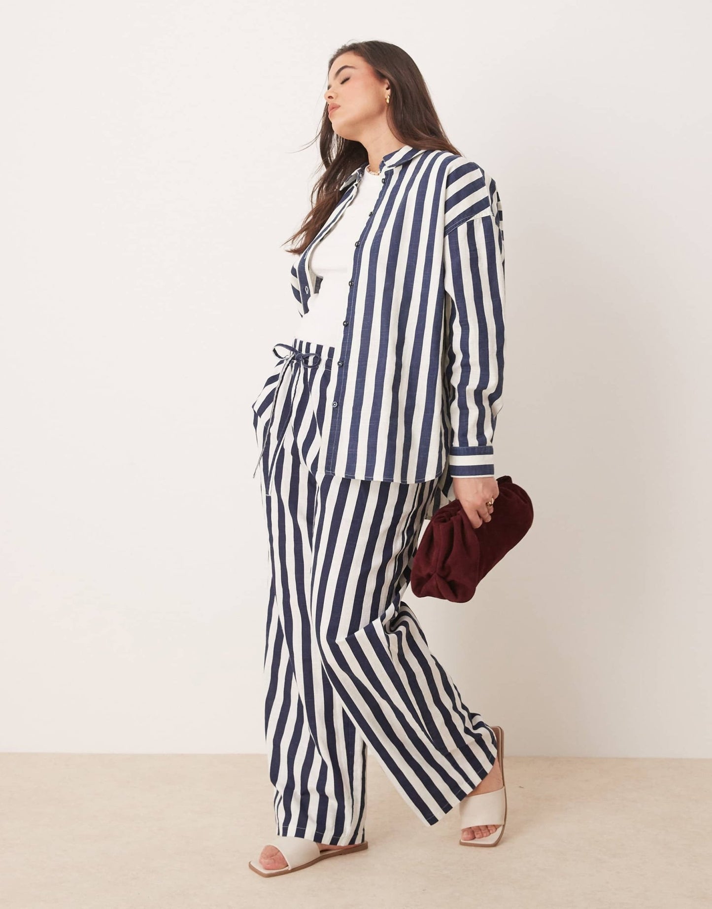ASOS DESIGN Curve linen look pull on trousers in navy stripe co - ord - ASOS Sample Sale