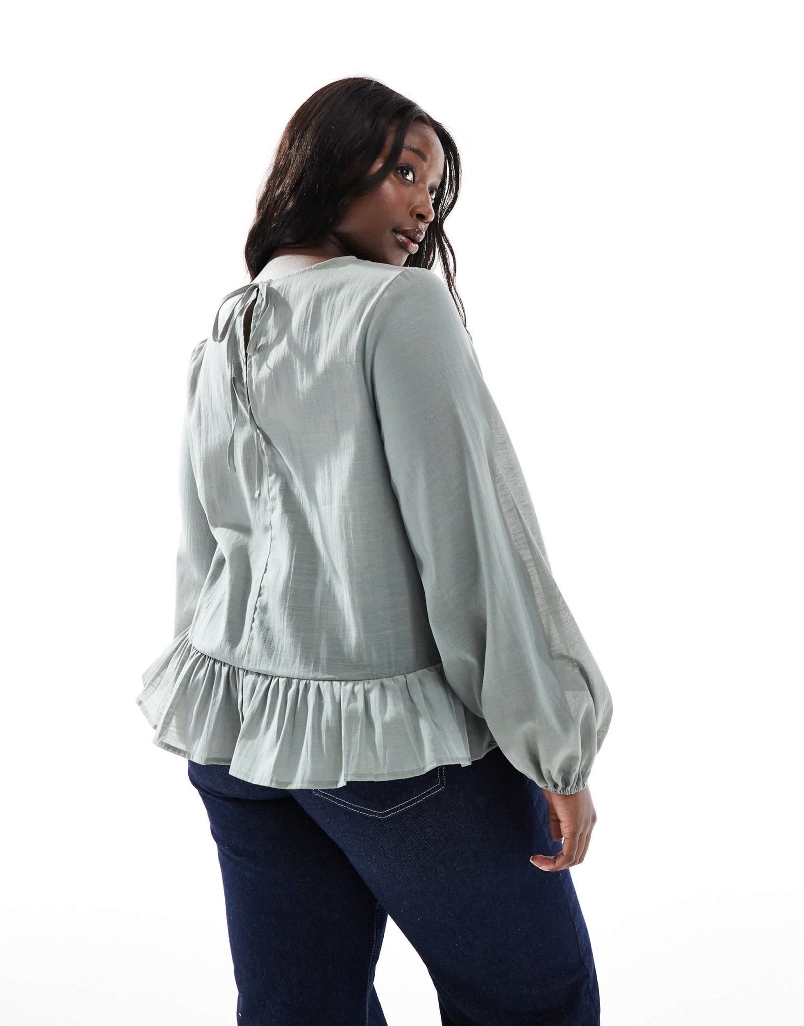 ASOS DESIGN Curve long sleeve peplum hem top in green - ASOS Sample Sale