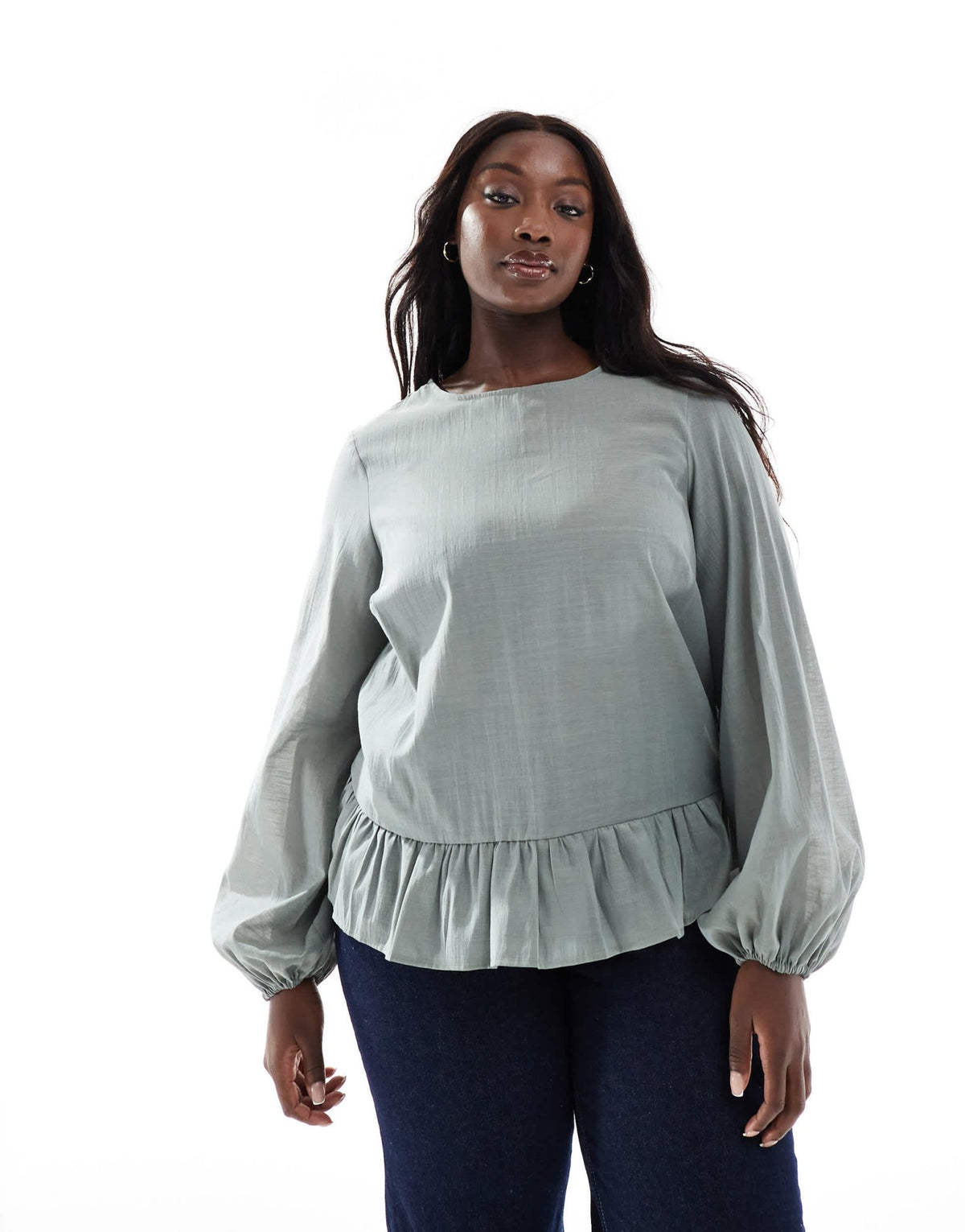 ASOS DESIGN Curve long sleeve peplum hem top in green - ASOS Sample Sale