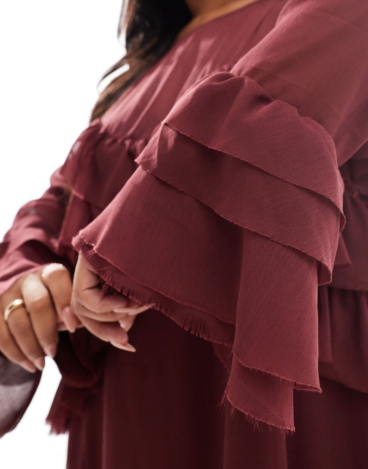 ASOS DESIGN Curve long sleeve ruffle tiered mini dress in burgundy - ASOS Sample Sale