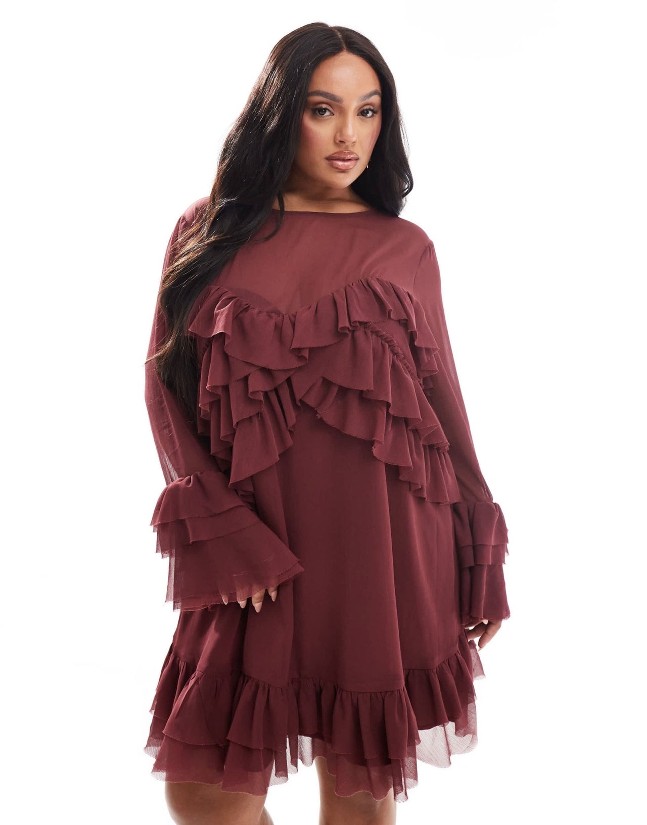 ASOS DESIGN Curve long sleeve ruffle tiered mini dress in burgundy - ASOS Sample Sale