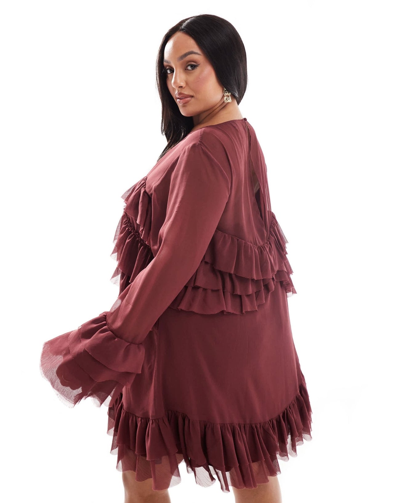 ASOS DESIGN Curve long sleeve ruffle tiered mini dress in burgundy - ASOS Sample Sale