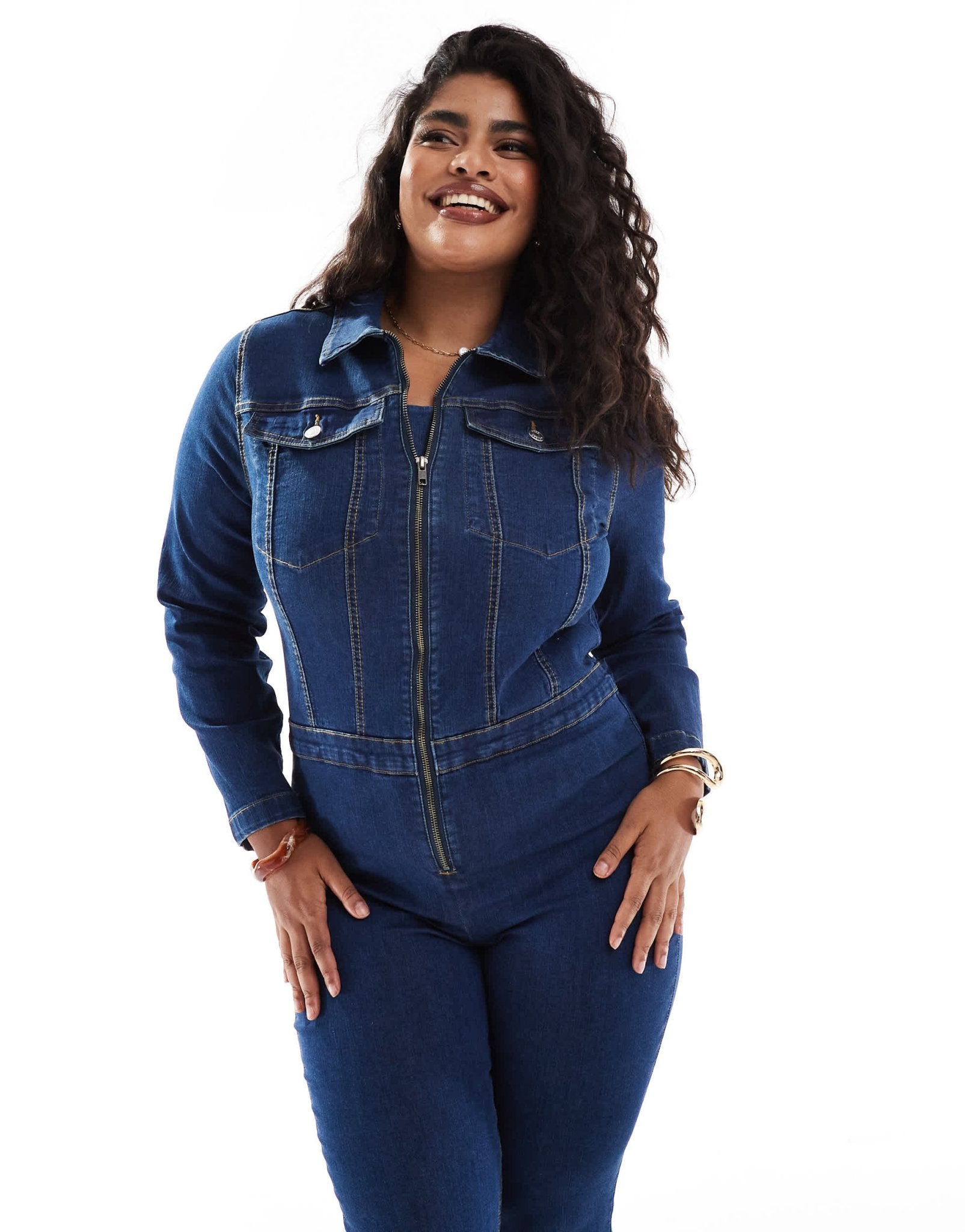 ASOS DESIGN Curve long sleeve stretch 70's jumpsuit in dark blue - ASOS Sample Sale