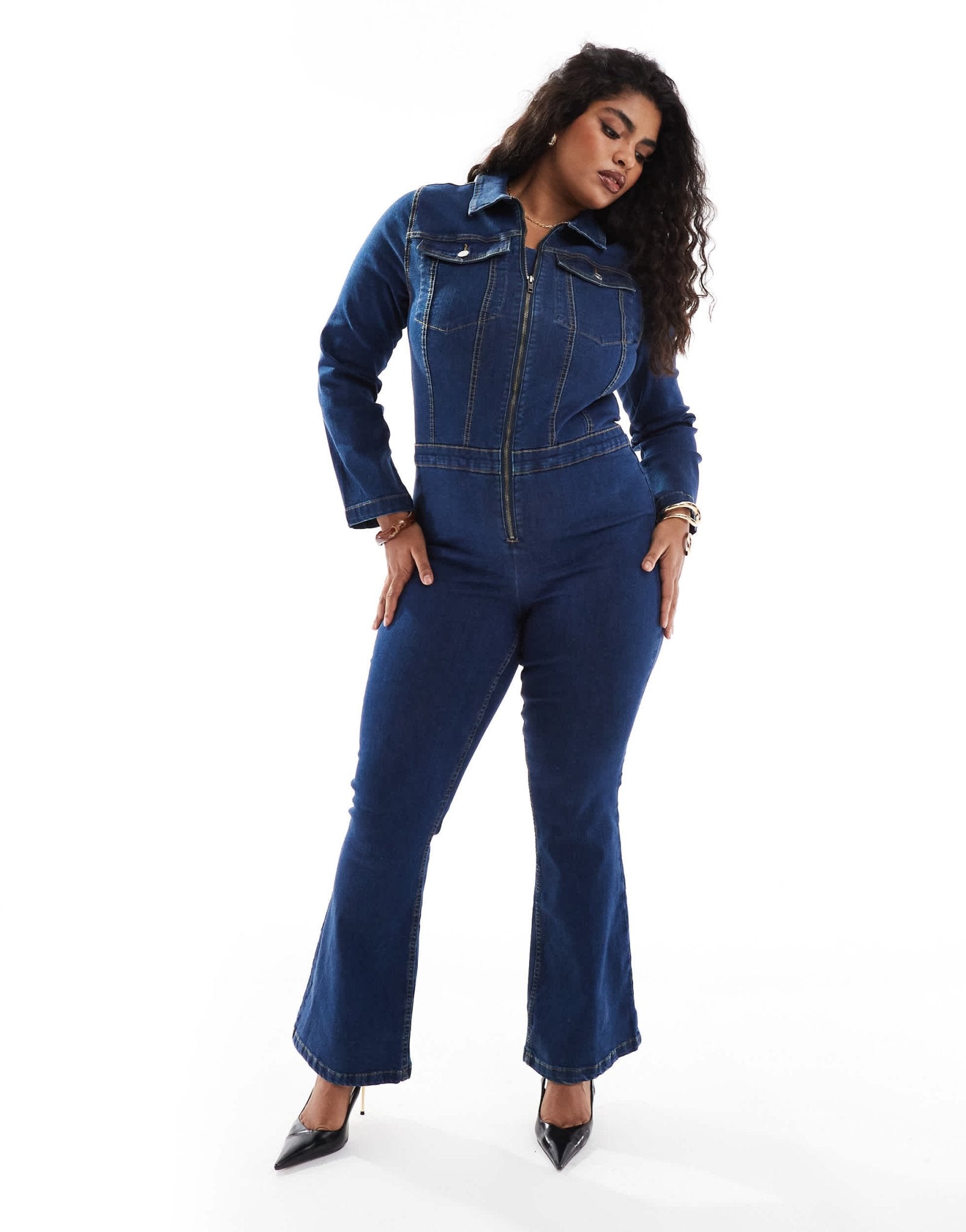 ASOS DESIGN Curve long sleeve stretch 70's jumpsuit in dark blue - ASOS Sample Sale