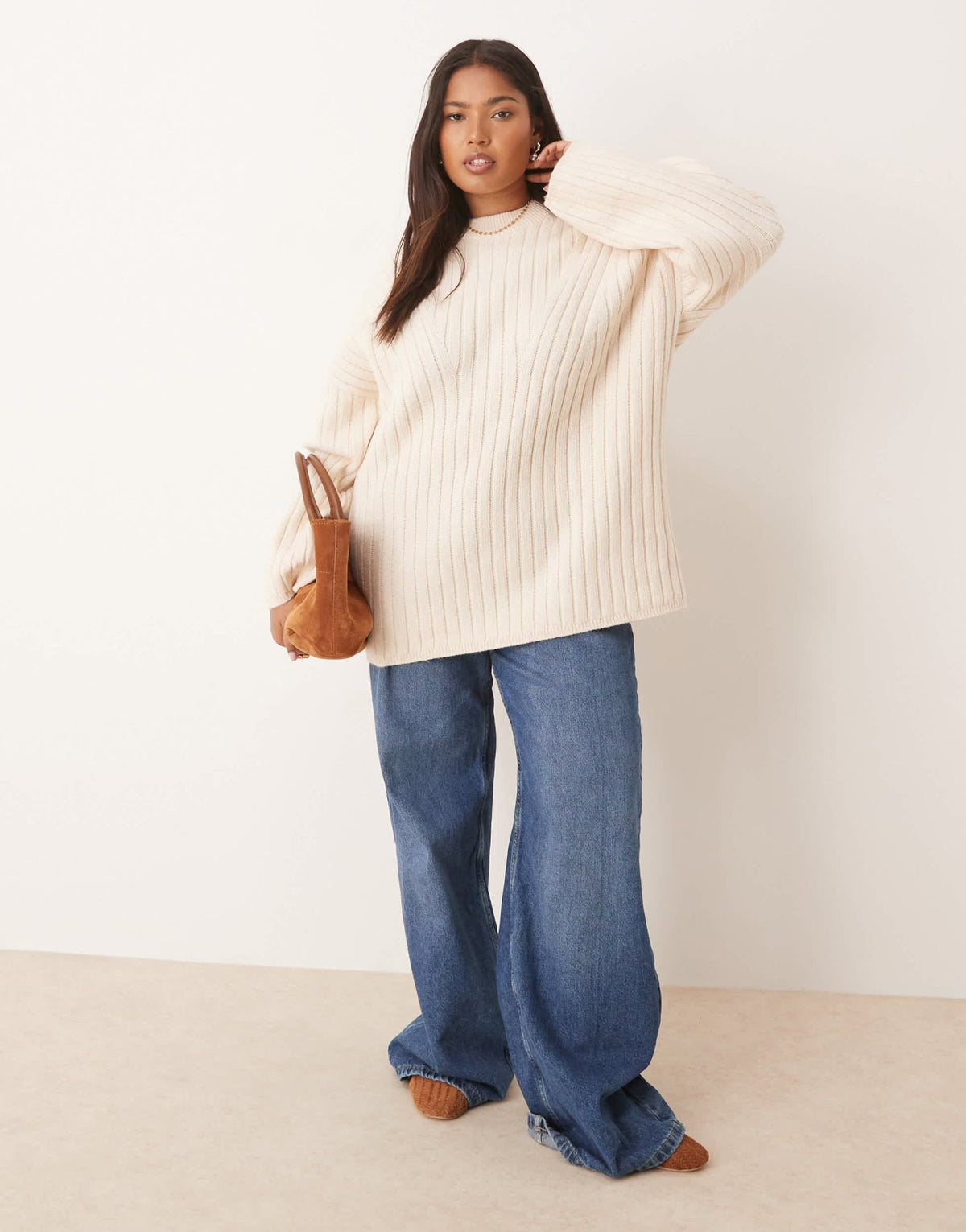 ASOS DESIGN Curve longline crew neck jumper in rib in cream - ASOS Sample Sale