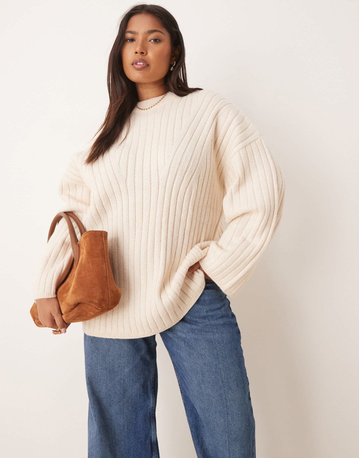 ASOS DESIGN Curve longline crew neck jumper in rib in cream - ASOS Sample Sale