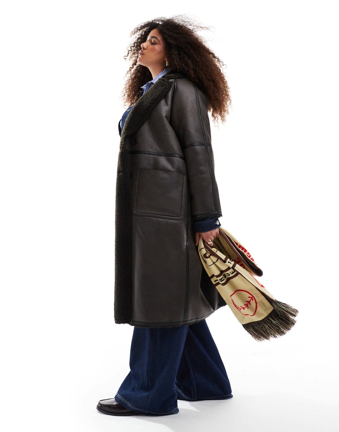 ASOS DESIGN Curve longline shearling jacket with contrast binding in brown - ASOS Sample Sale
