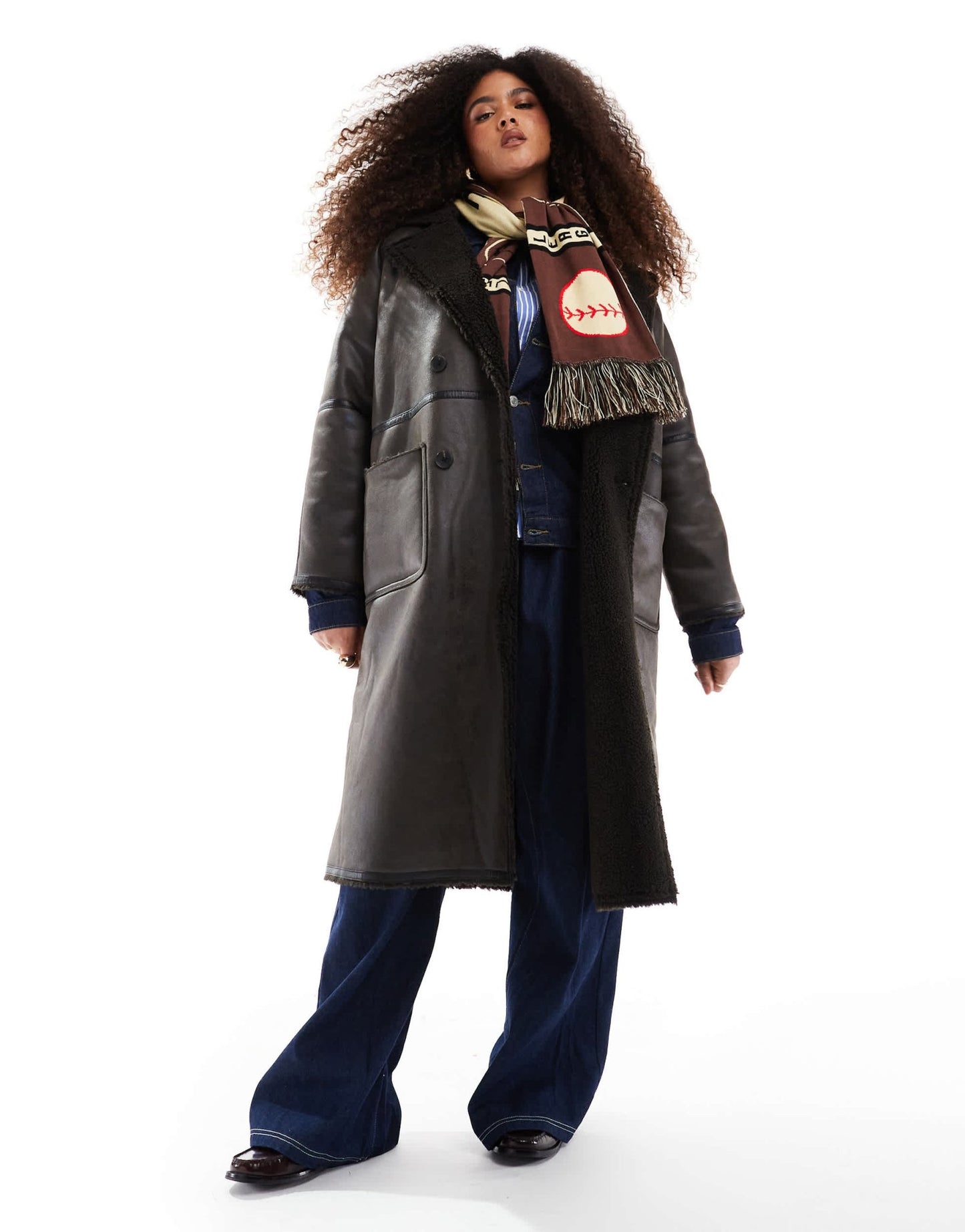 ASOS DESIGN Curve longline shearling jacket with contrast binding in brown - ASOS Sample Sale