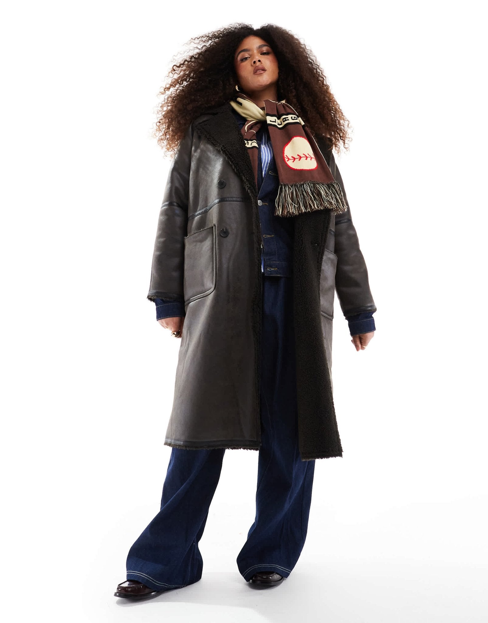 ASOS DESIGN Curve longline shearling jacket with contrast binding in brown - ASOS Sample Sale