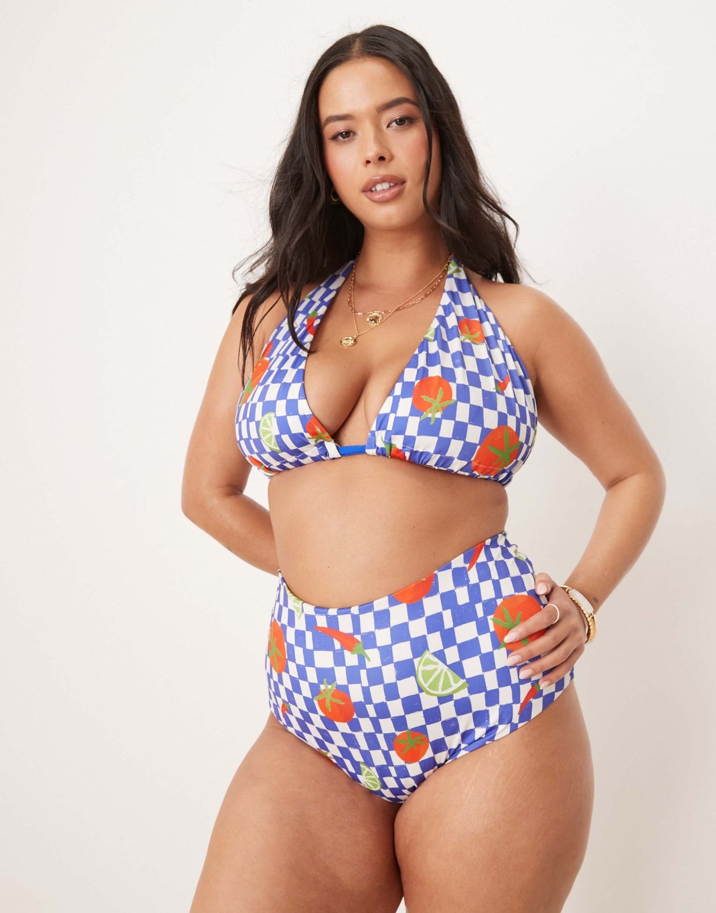ASOS DESIGN Curve Lucy chilli print with blue check high waist bikini bottom - ASOS Sample Sale
