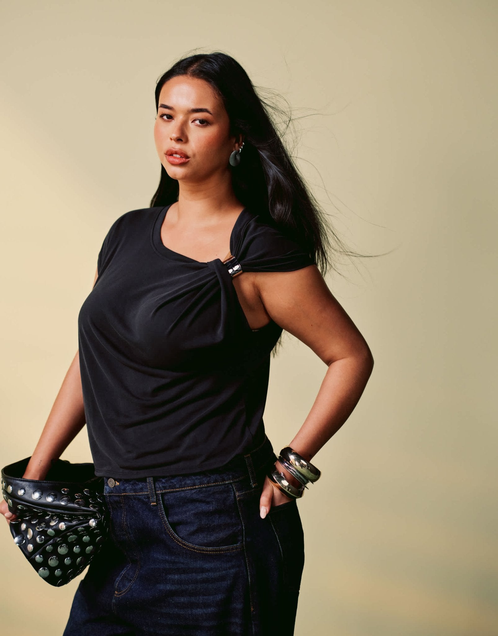 ASOS DESIGN Curve modal one sleeve sleeve t-shirt with silver trim in black - ASOS Sample Sale