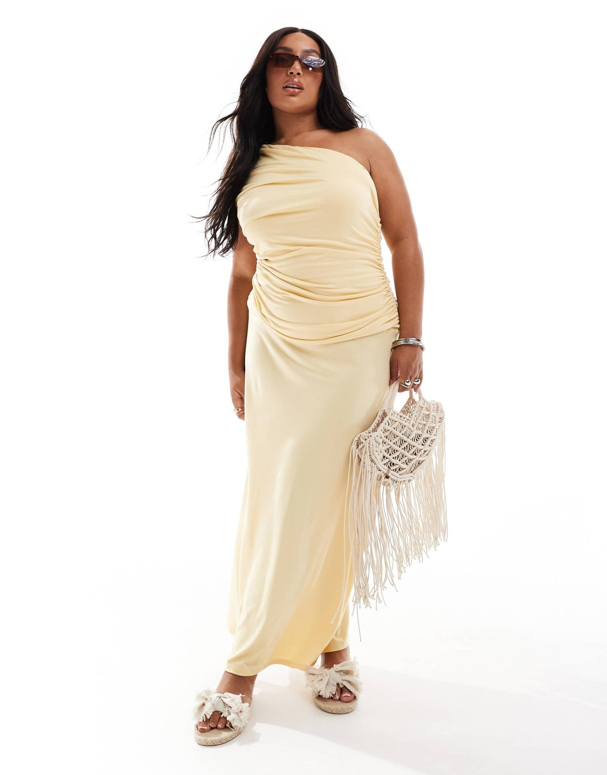ASOS DESIGN Curve one shoulder ruched midi dress in buttermilk - ASOS Sample Sale