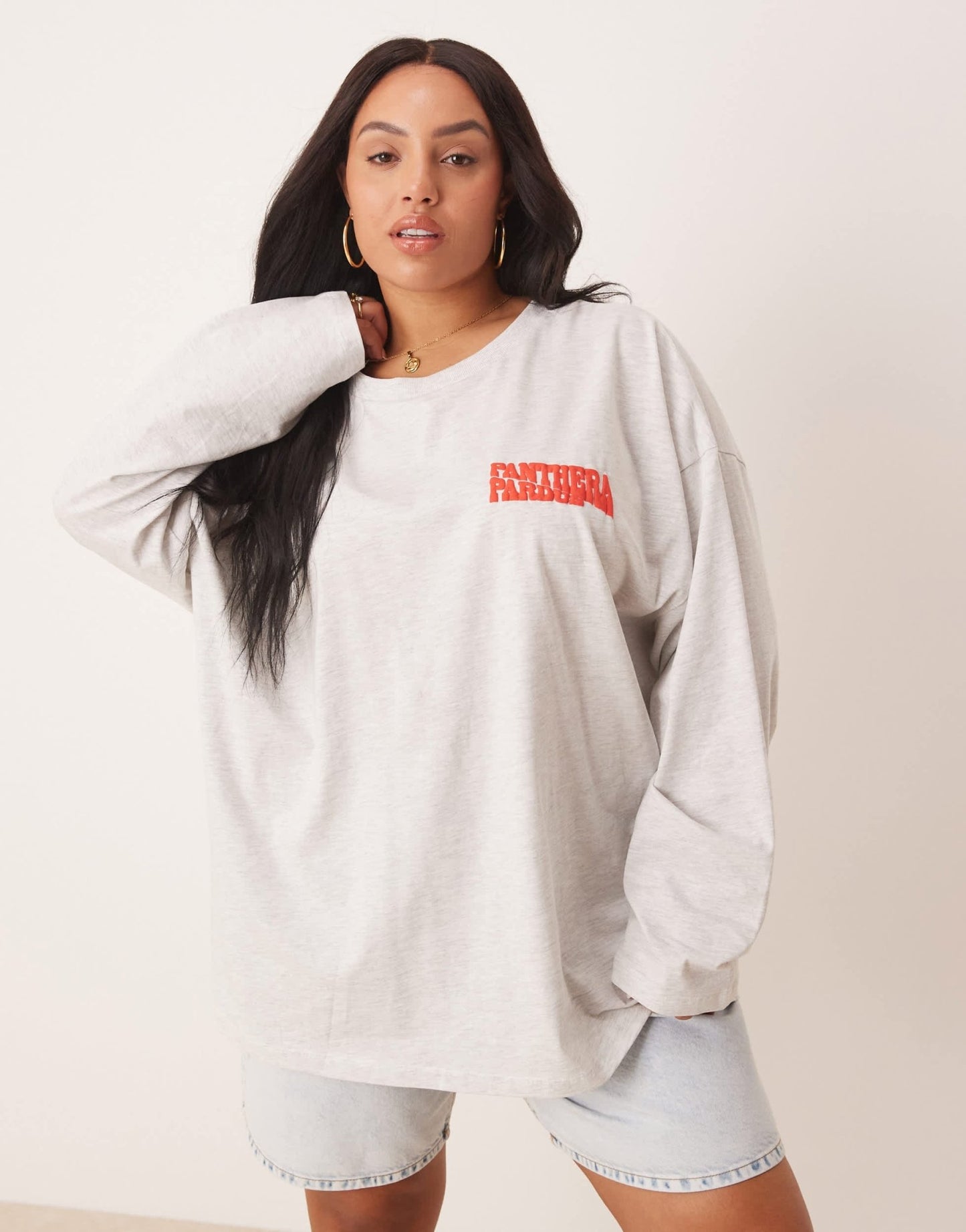 ASOS DESIGN Curve oversized long sleeve skater tee with leopard floral graphic in ice marl - ASOS Sample Sale