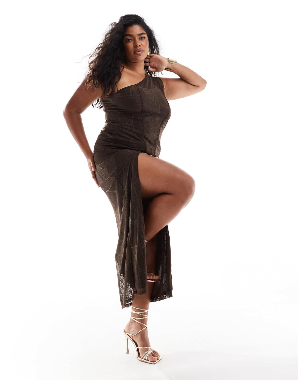 ASOS DESIGN Curve patchwork lace one shoulder maxi dress in chocolate - ASOS Sample Sale