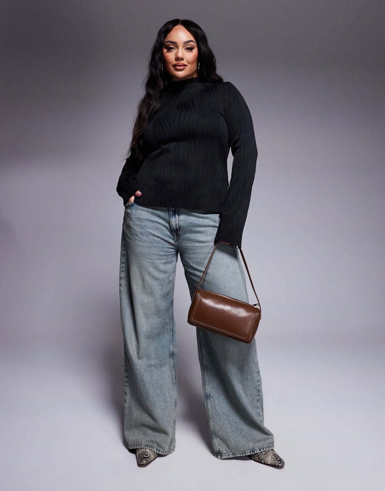 ASOS DESIGN curve plisse long sleeve top with grown on neck in black - ASOS Sample Sale