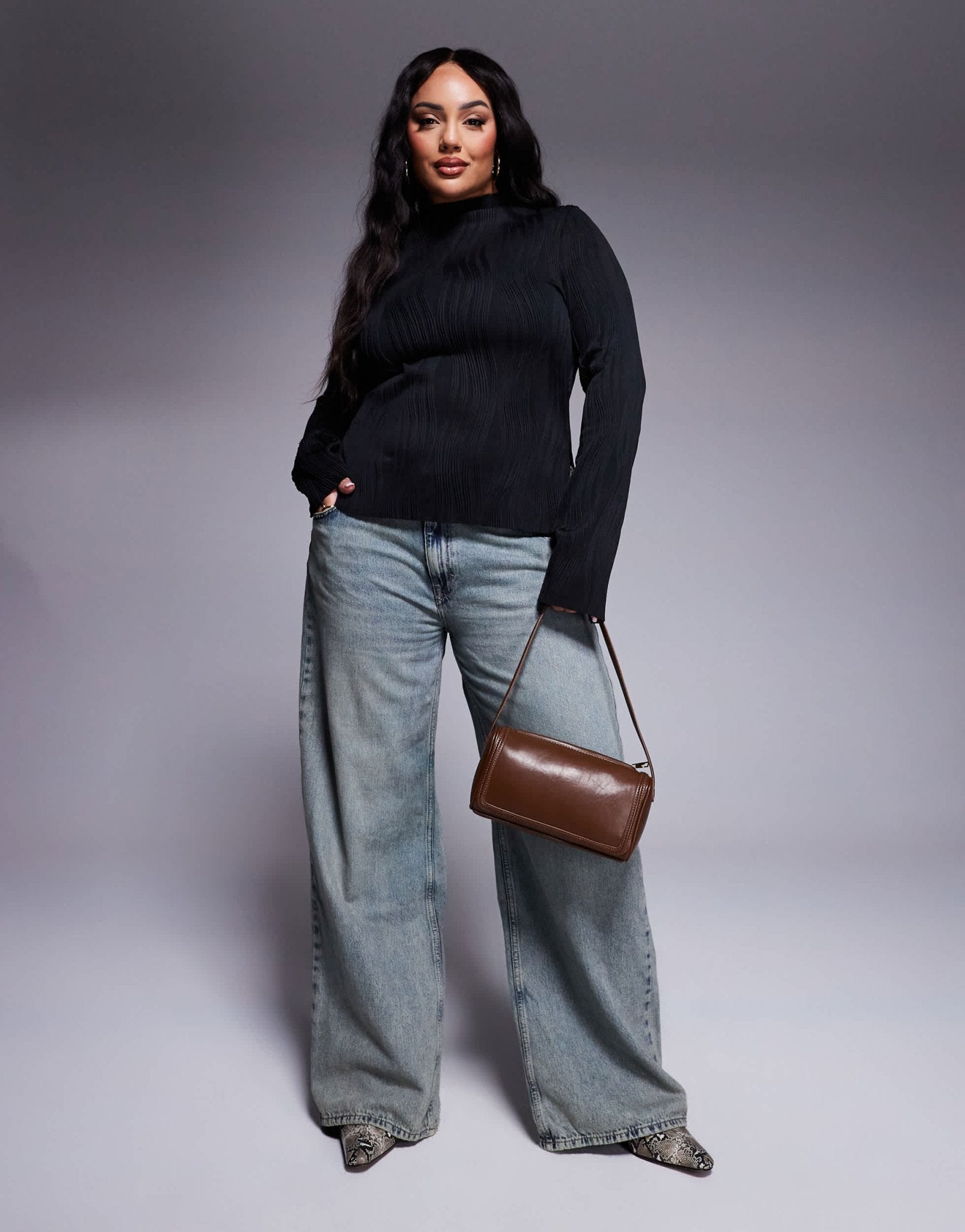 ASOS DESIGN curve plisse long sleeve top with grown on neck in black - ASOS Sample Sale