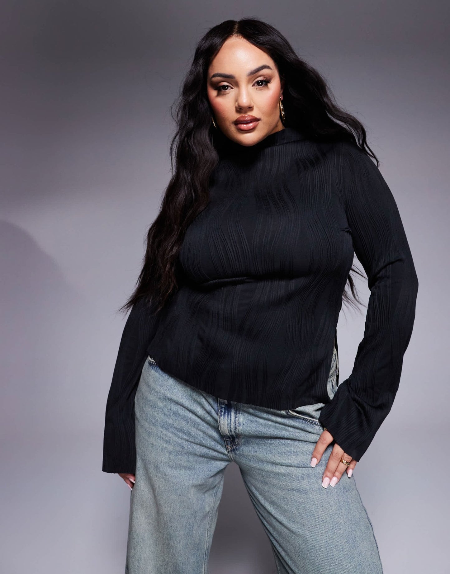 ASOS DESIGN curve plisse long sleeve top with grown on neck in black - ASOS Sample Sale