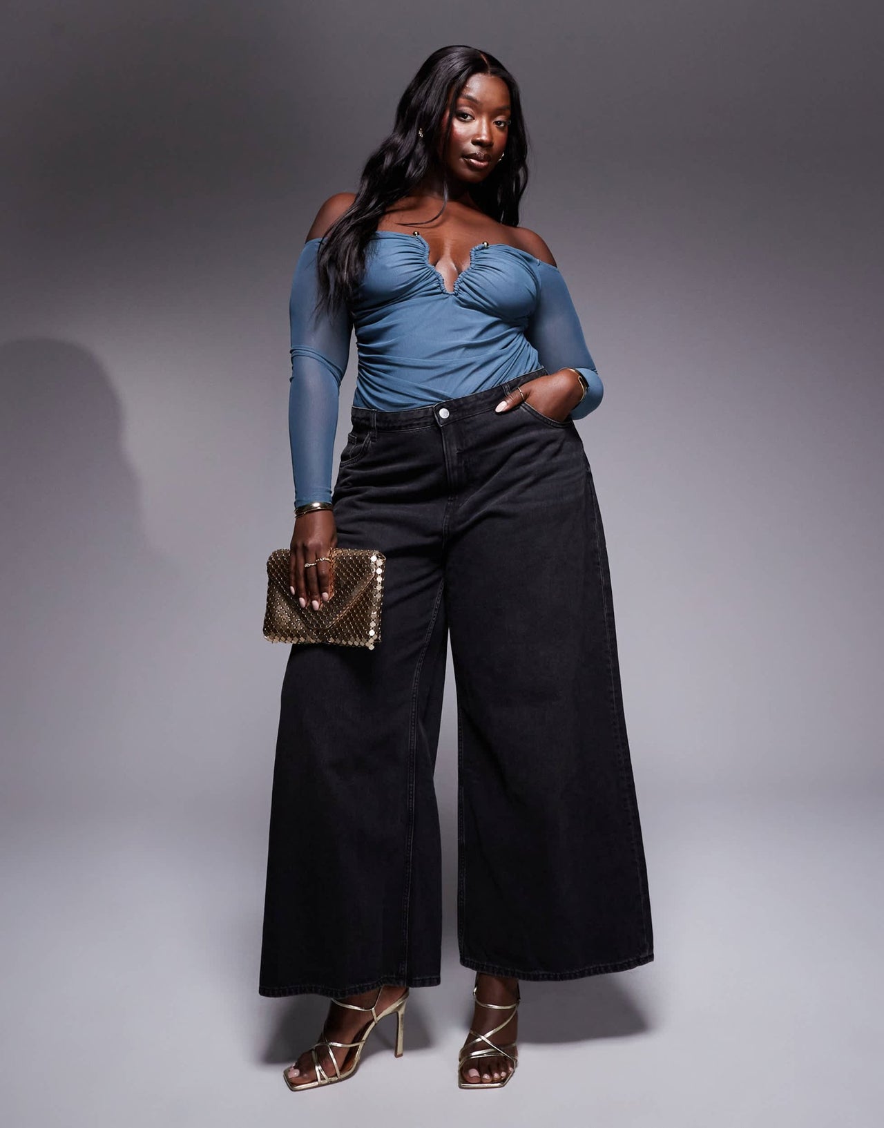 ASOS DESIGN Curve plunge trim mesh off shoulder bodysuit in blue - ASOS Sample Sale