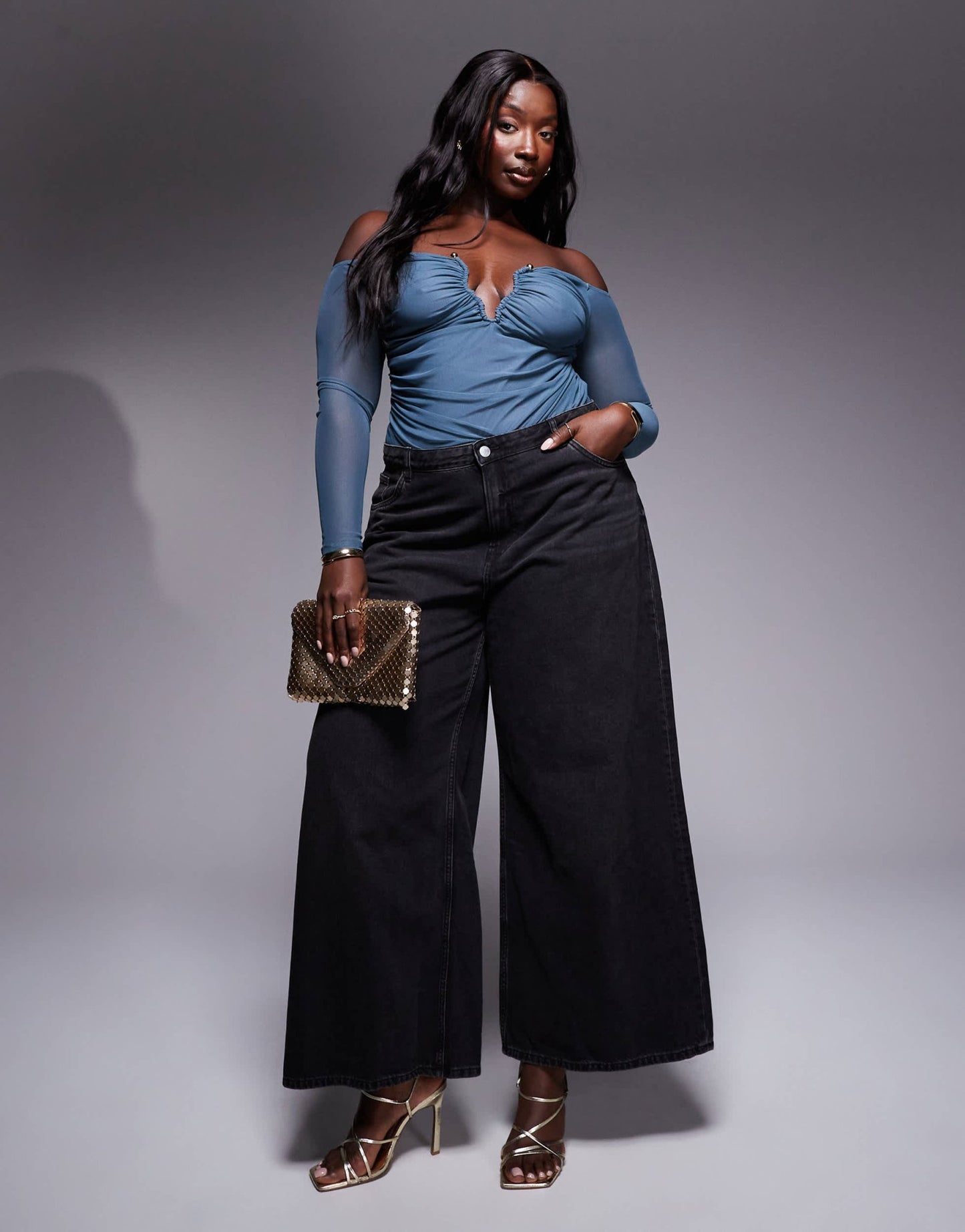 ASOS DESIGN Curve plunge trim mesh off shoulder bodysuit in blue - ASOS Sample Sale