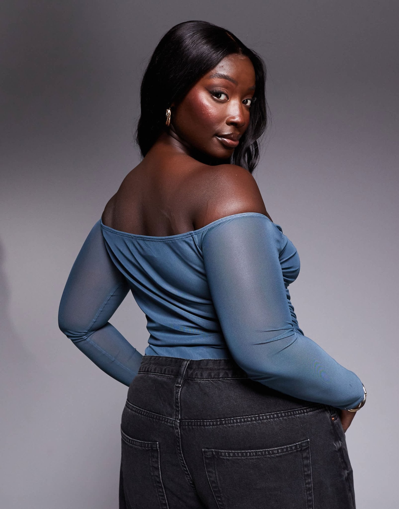 ASOS DESIGN Curve plunge trim mesh off shoulder bodysuit in blue - ASOS Sample Sale