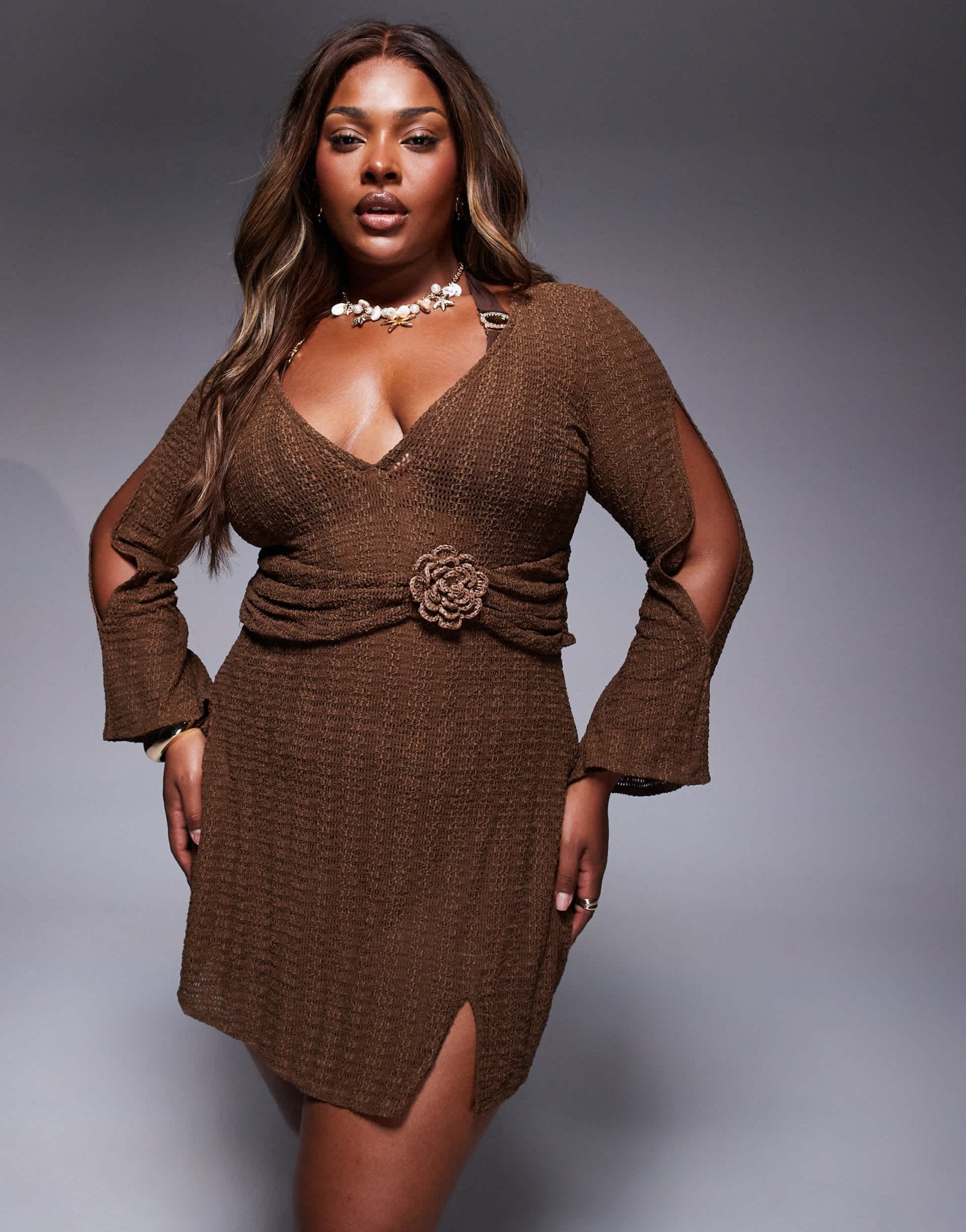 ASOS DESIGN Curve Raffi plunge mini dress in dark brown - ASOS Sample Sale
