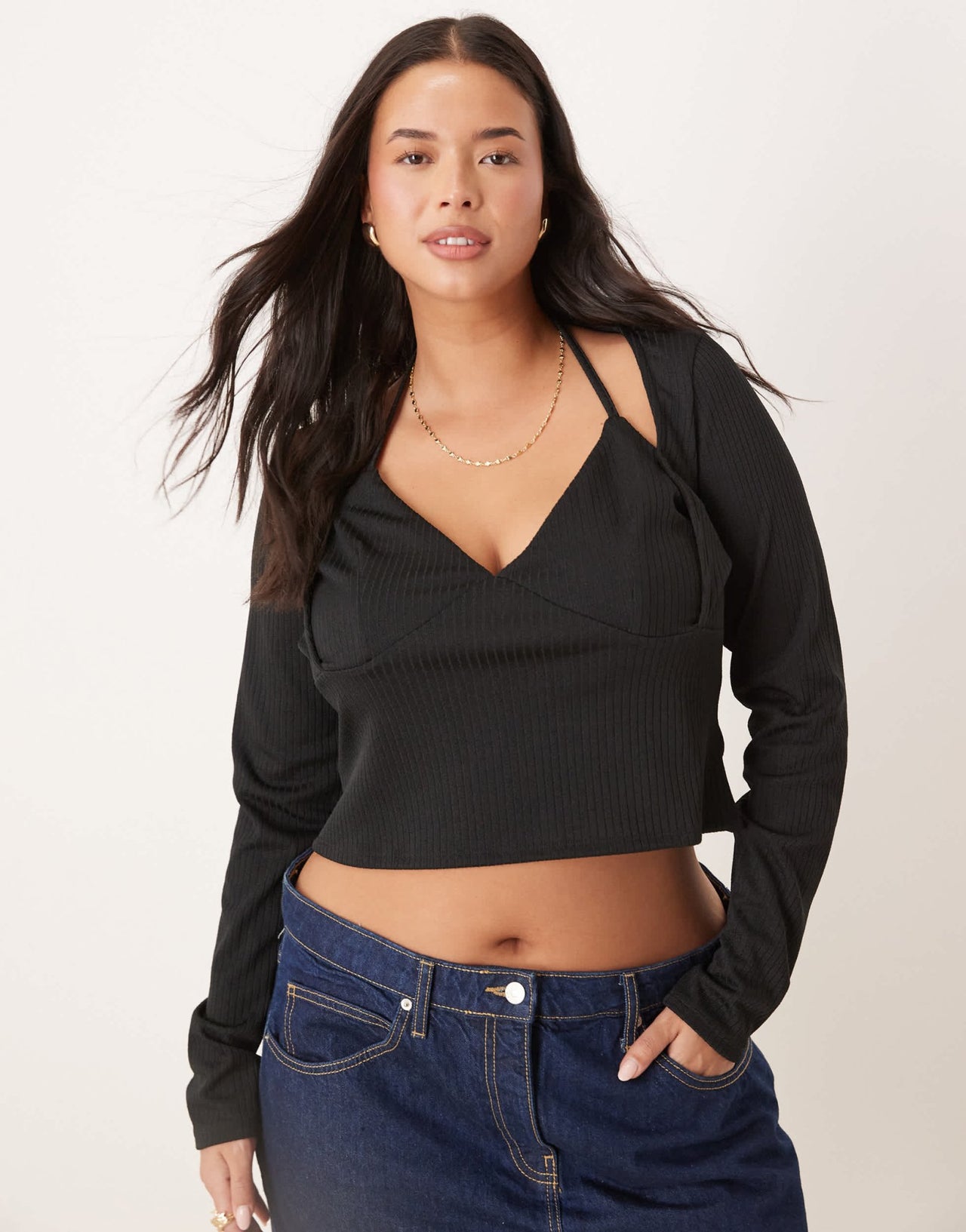 ASOS DESIGN Curve rib halter neck long sleeve top in black - ASOS Sample Sale
