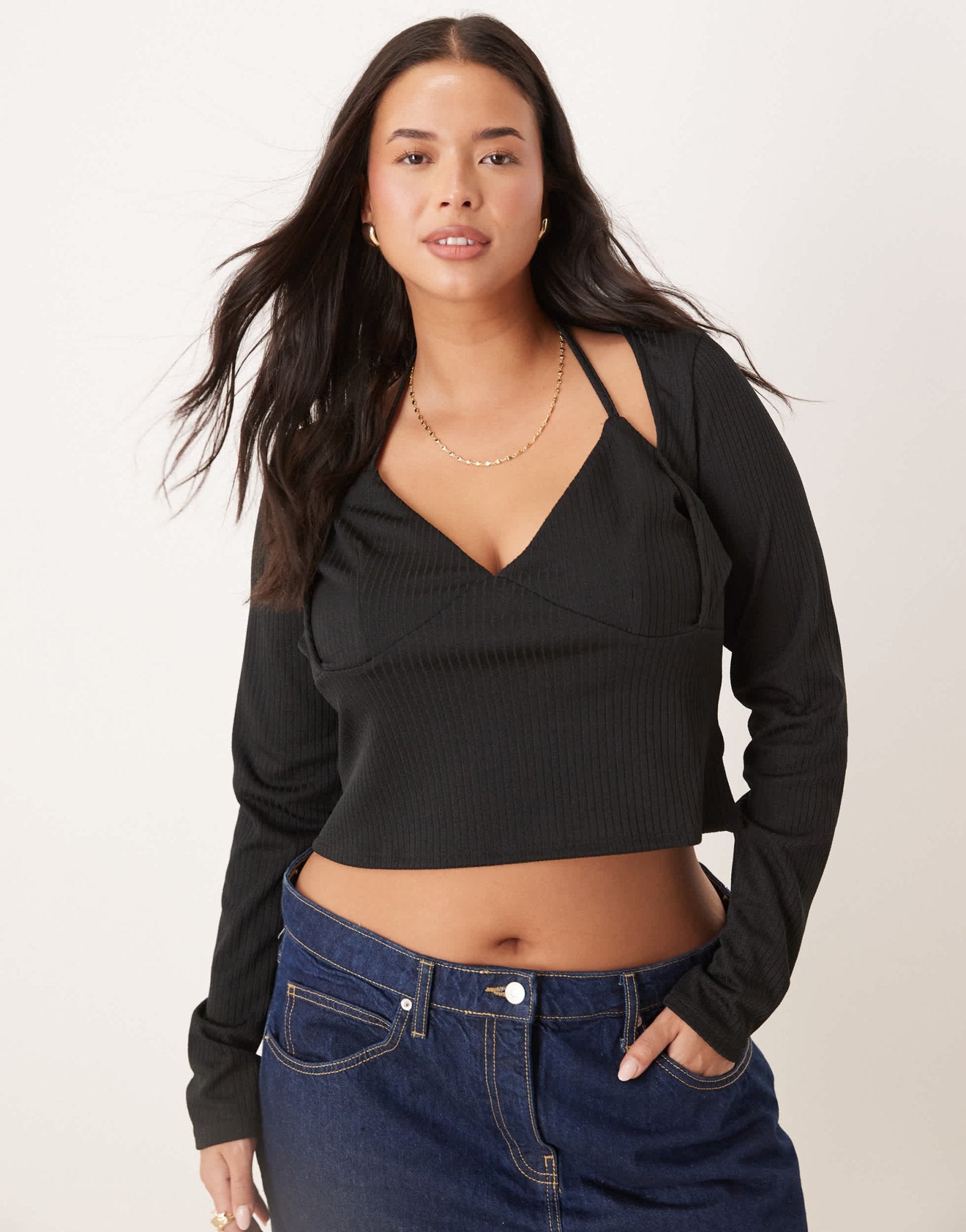 ASOS DESIGN Curve rib halter neck long sleeve top in black - ASOS Sample Sale