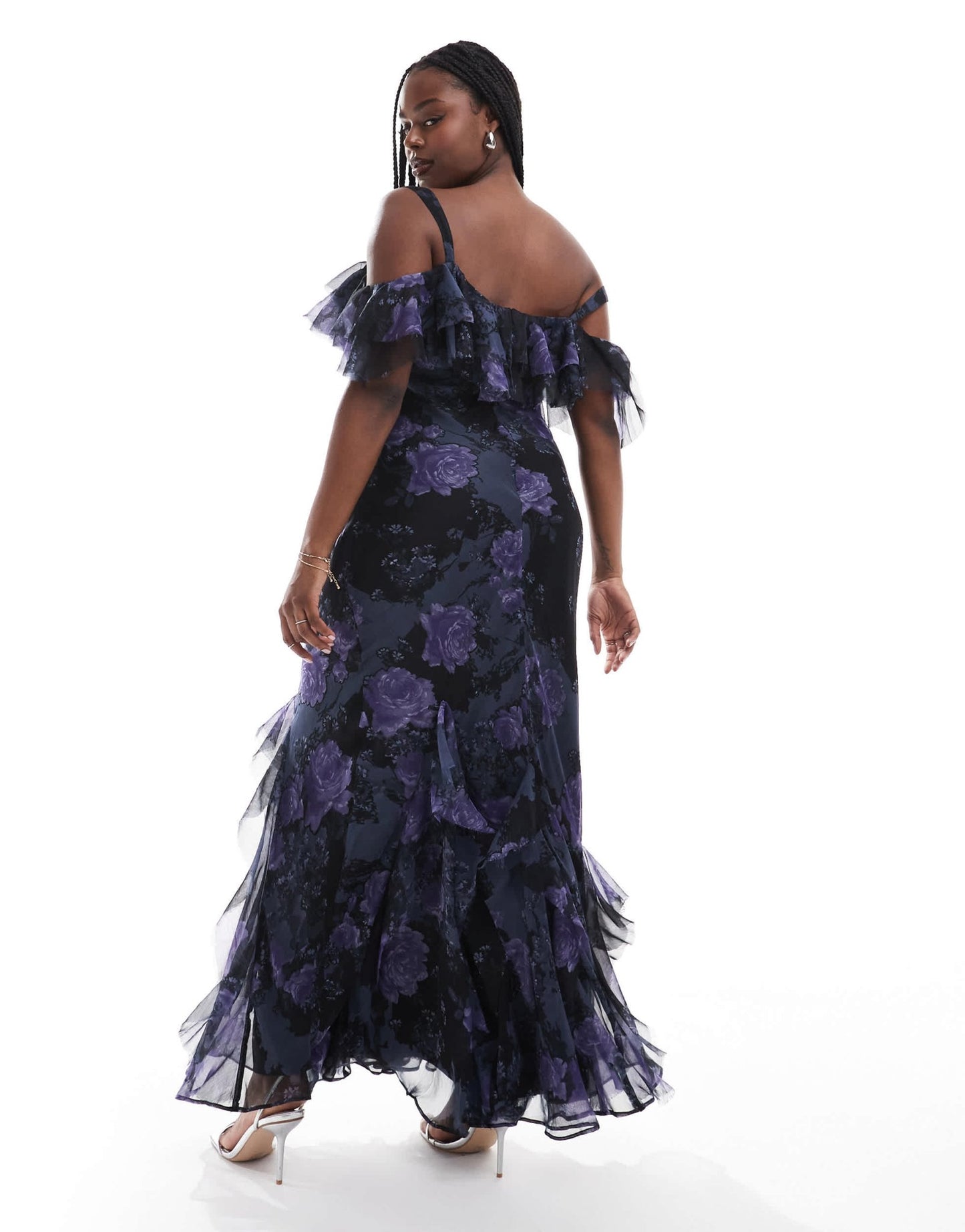 ASOS DESIGN Curve ruffle off shoulder maxi dress with asymmetric godets in purple floral print - ASOS Sample Sale