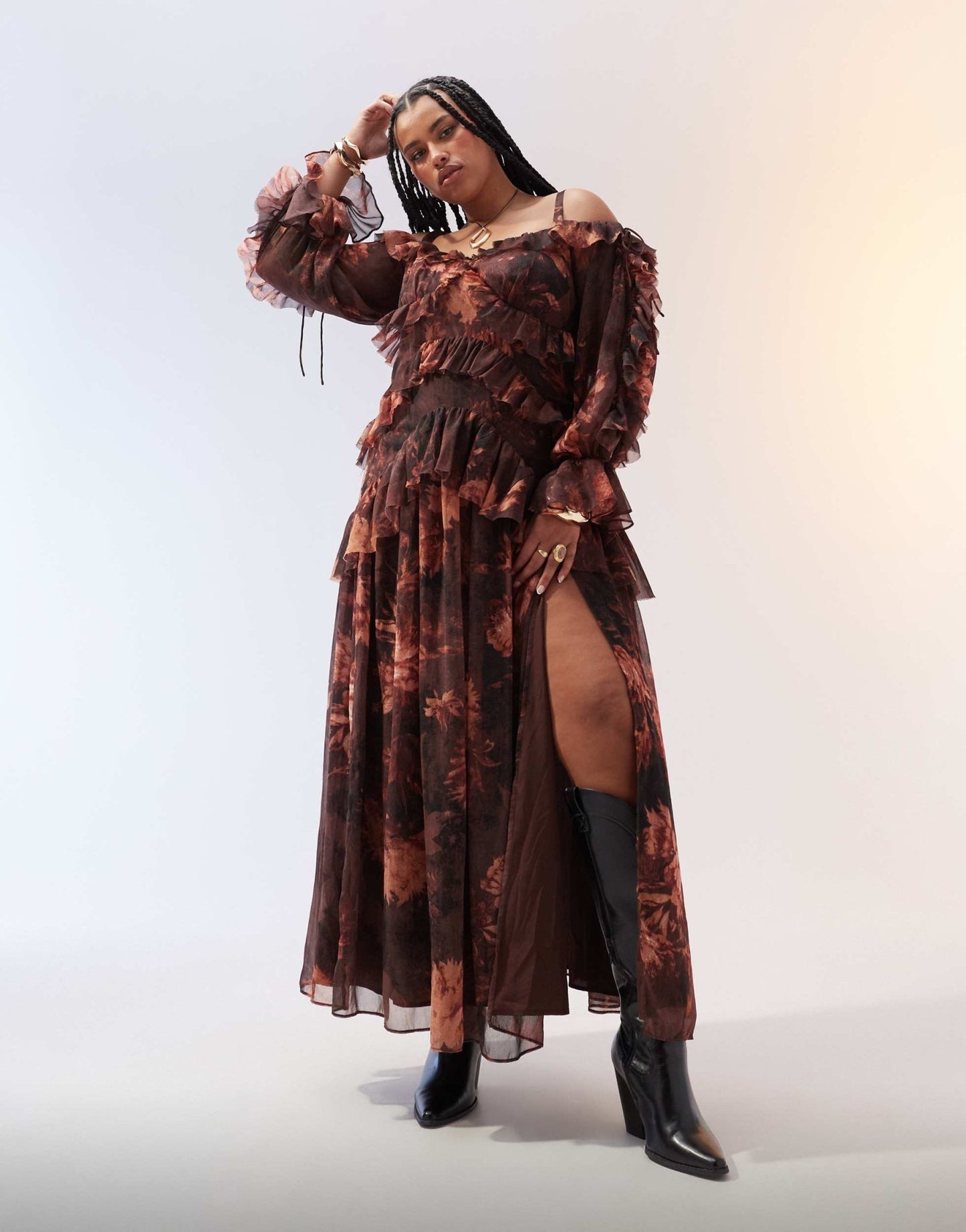 ASOS DESIGN Curve ruffle off shoulder tiered maxi dress in burgundy floral - ASOS Sample Sale